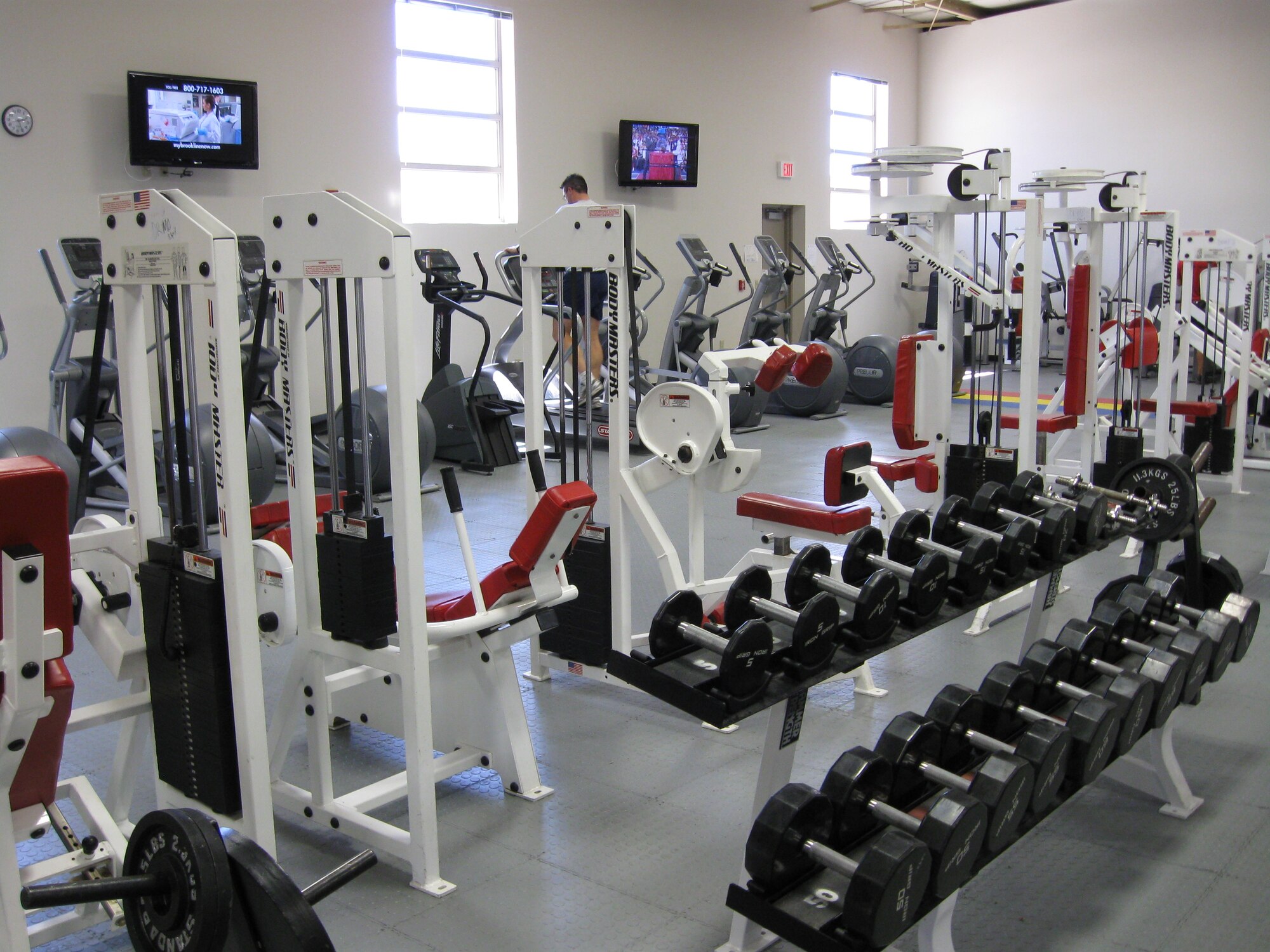 A picture of some of the equipment Airmen can use at the flight line gym. The flight line gym is a great tool maintainers – and other Airmen with flight line access - can use to get a workout during their busy workdays and ensure they stay in shape. (U.S. Air Force courtesy photo)