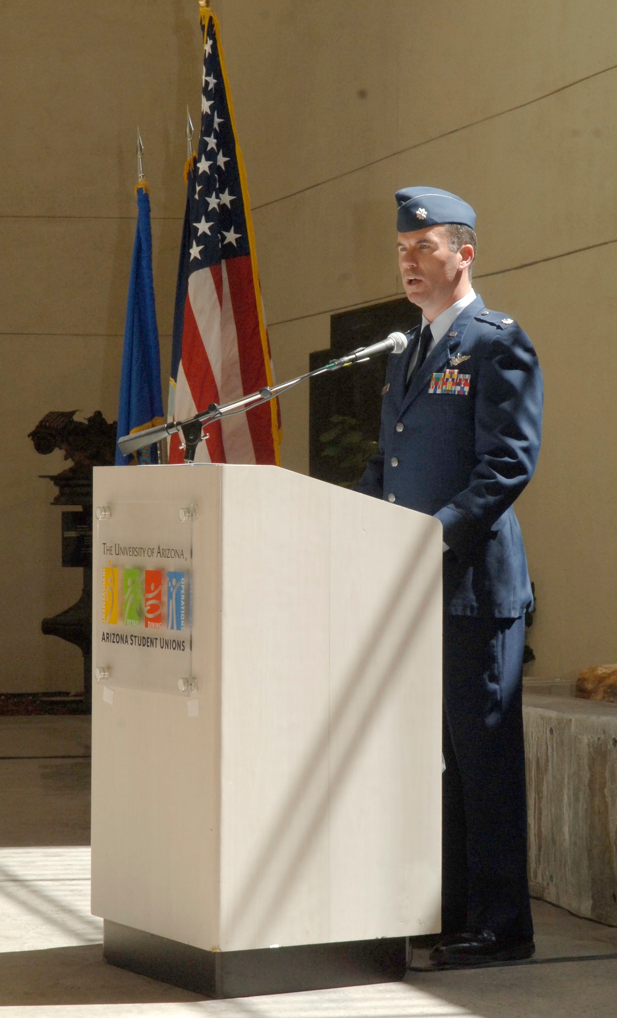 Lt. Col. Chris Buckley, 612th Air Operations Center, Strategy Division chief, delivers a speech during a memorial ceremony honoring the Doolittle raid and victory at the Battle of Midway June 3. (U.S. Air Force photo/Tech. Sgt. Eric Petosky)