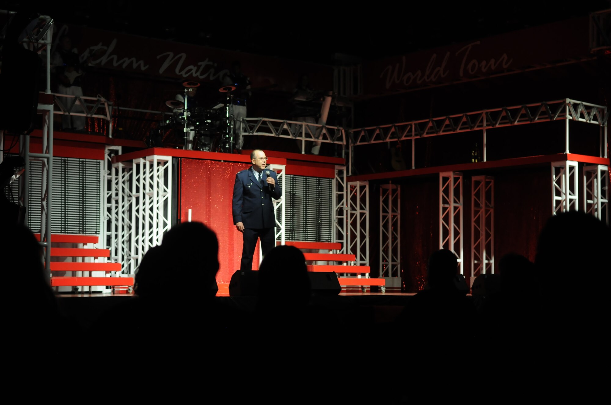 SAN ANGELO, Texas – Col. David Rearick, 17th Training Wing Vice Commander, addresses a crowd of more than 1,100 prior to a Tops in Blue performance June 1 at the San Angelo Coliseum. Tops in Blue, the Air Force’s premier entertainment showcase, provides free entertainment that is open to the public every year around the world.  This was the third stop of more than 60 locations planned for their 2011 world tour.  U.S. Air Force photo/Staff Sgt. Heather L. Rodgers)
