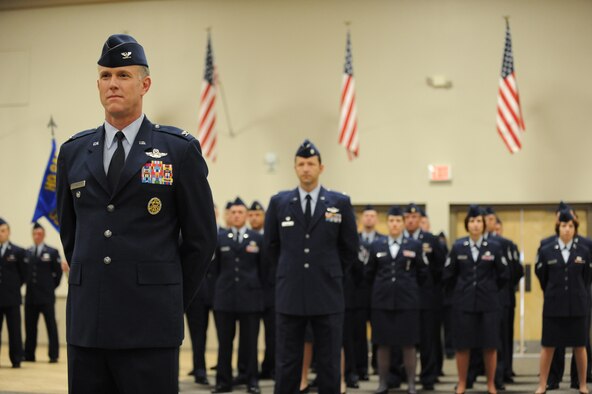 BARKSDALE AIR FORCE BASE, La. - Col. Robert Gass, Eighth Air Force vice commander, stands at parade rest during the Eighth Air Force change-of-command ceremony held at Hoban Hall on Barksdale Air Force Base, La., June 3. Brig. Gen. Stephen Wilson accepted command of "The Mighty Eighth" during the ceremony. (U.S. Air Force photo by Airman 1st Class Micaiah Anthony)