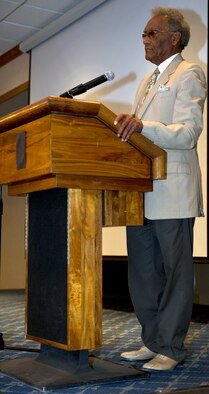 HOLLOMAN AIR FORCE BASE, N.M. -- George Gregory, 746th Test Squadron Operations Flight chief, speaks at a luncheon, May 20, 2011, to honor his 50 years of civil service with the 46th Test Group. When Mr. Gregory first arrived at Holloman he worked as an instrumentation engineer and is now responsible for leading all aspects of instrumentation for laboratory, sled and flight test systems for the group. Over the course of his career, Mr. Gregory has worked with many strategic weapons systems such as the Atlas Missile, Minuteman Missile and Peacekeeper Missile systems. (U.S. Air Force photo by Airman 1st Class Siuta B. Ika)