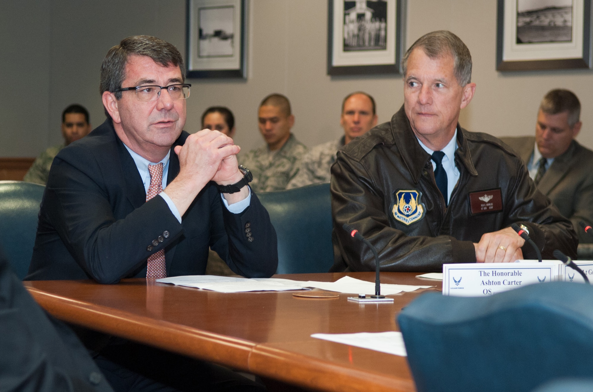 Dr. Ashton B. Carter, the undersecretary of defense for Acquisition, Technology and Logistics, speaks to Lt. Gen. Ted F. Bowlds and other senior leaders during a round table discussion May 25, 2011, at Hanscom Air Force Base, Mass. General Bowlds is the electronic systems center commander. (U.S. Air Force photo/Rick Berry)