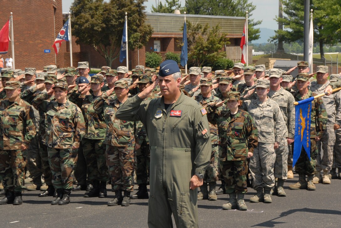 Col Thomas Cauthen renders a salute during the ceremony to award the 11th AFOUA to the 134th ARW. (Air National Guard Photo by Tech Sgt. David Knable)