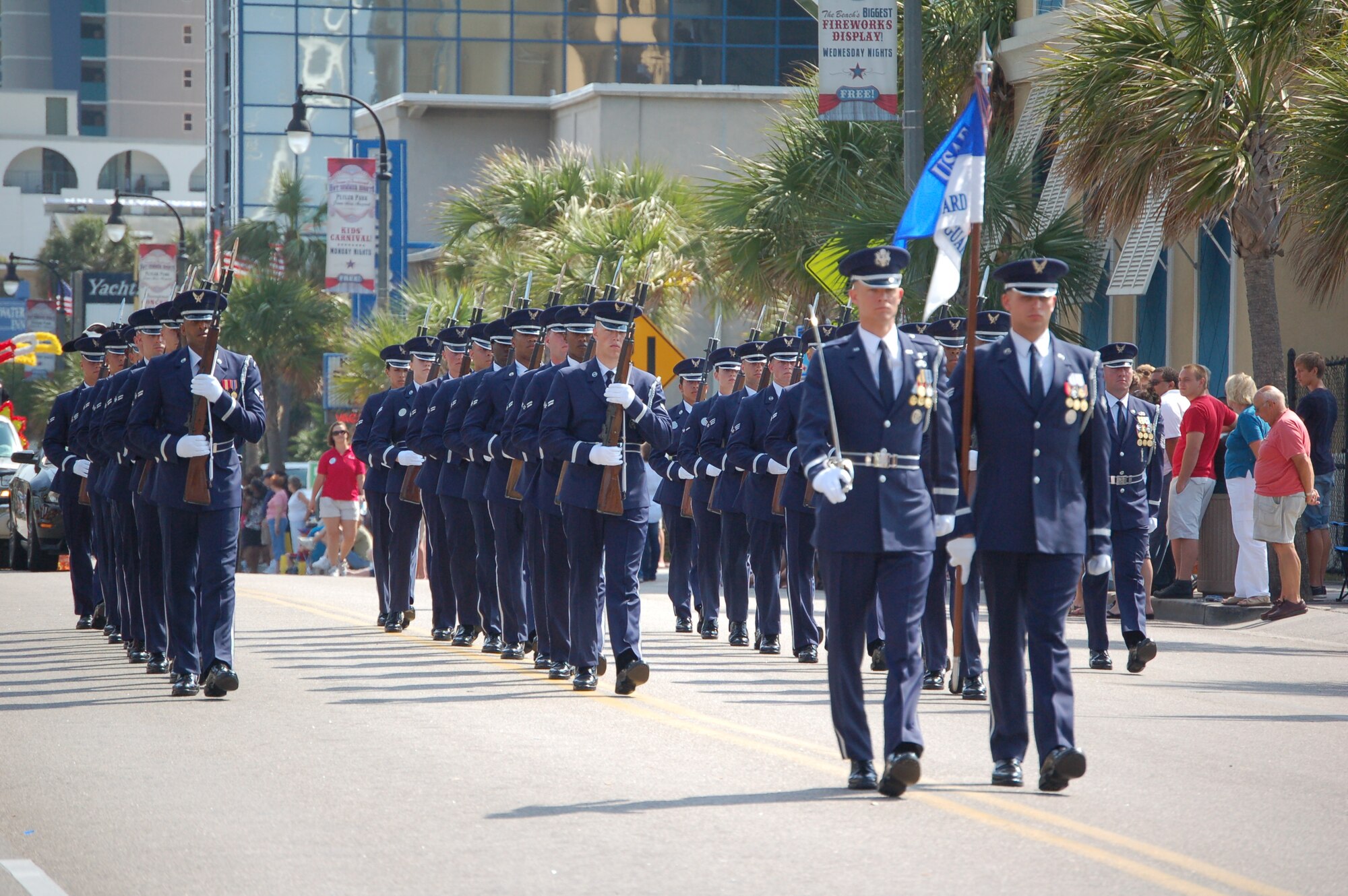 The U.S. Air Force Honor Guard marches in the 2011 Memorial Day parade May 28 in Myrtle Beach, S.C. Myrtle Beach would like to have the USAF Honor Guard back next year to participate in the Memorial Day events. (photo compliments of the City of Myrtle Beach)
