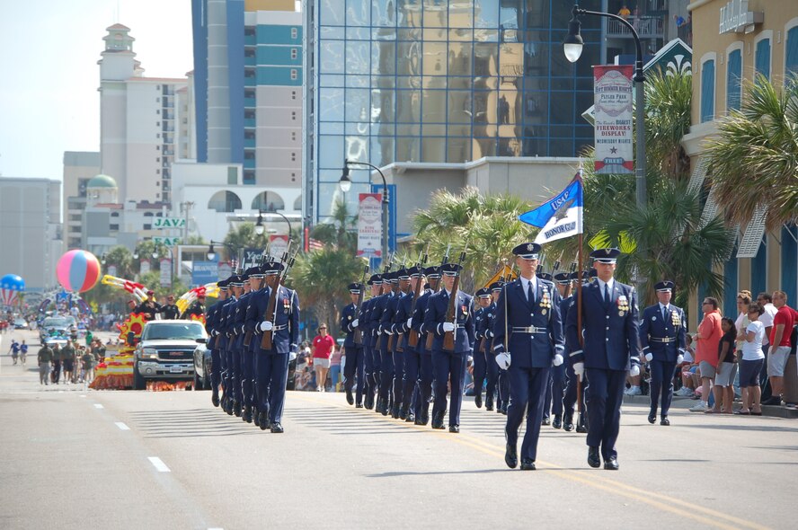 The U.S. Air Force Honor Guard marches in the 2011 Memorial Day parade May 28 in Myrtle Beach, S.C. More information on Myrtle Beach’s Military Appreciation Month can be found at: http://www.militaryappreciationdays.com/. (photo compliments of the City of Myrtle Beach)