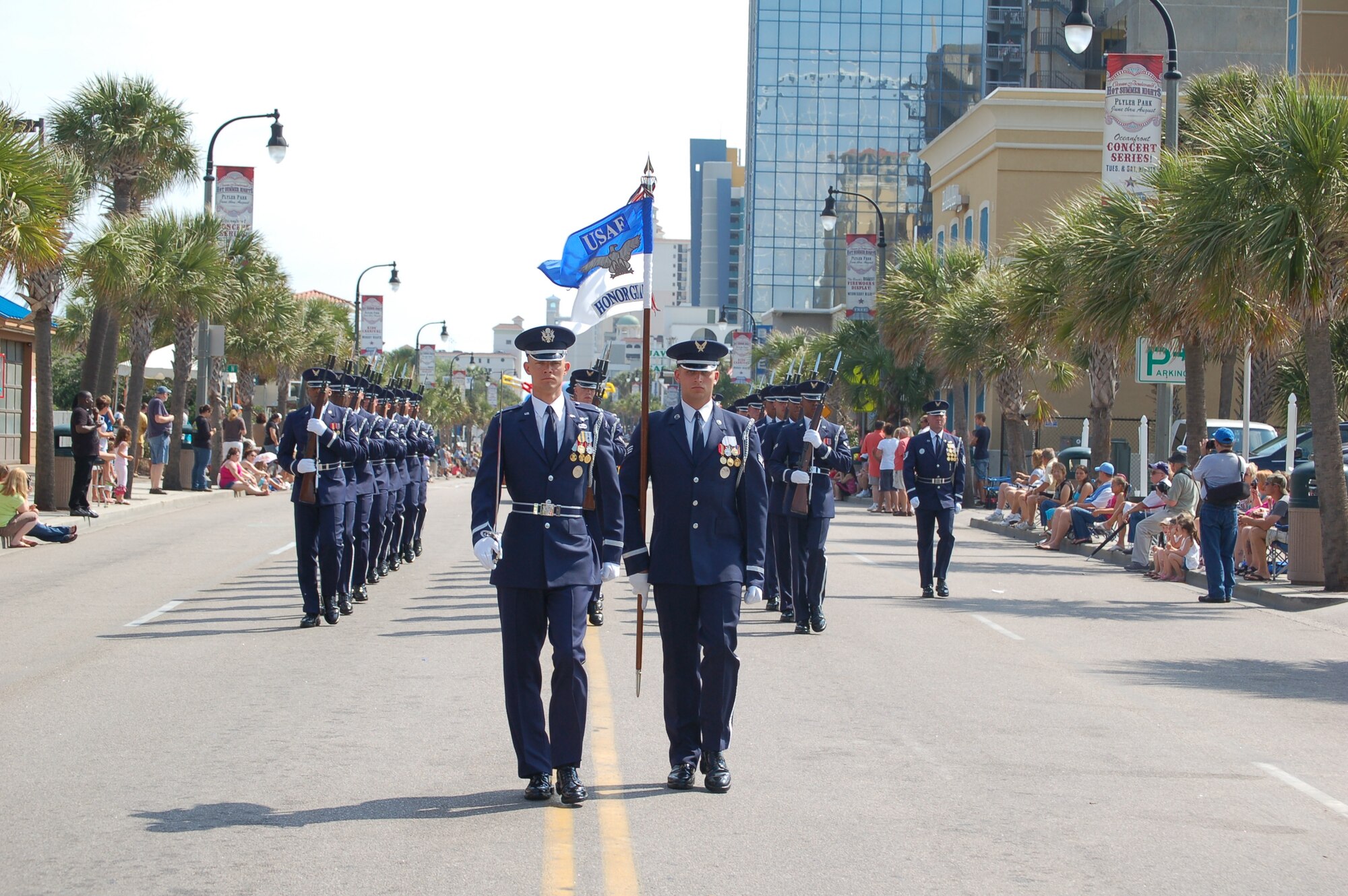 The U.S. Air Force Honor Guard Drill Team marches in the Memorial Day parade May 28 in Myrtle Beach, S.C. The weekend of May 27-30 was dedicated to servicemembers and veterans. (photo compliments of the City of Myrtle Beach)