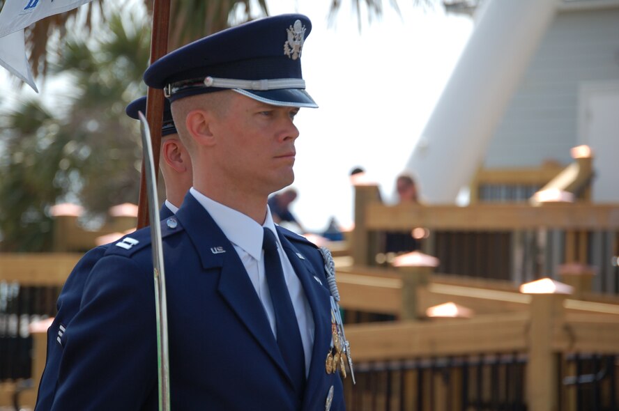 Capt. Justin Hochstein, commander of the U.S. Air Force Honor Guard Drill Team and officer in charge, leads the parade flight in the Memorial Day parade May 28 in Myrtle Beach, S.C. The parade flight, being a newer ensemble of the honor guard, has participated in 11 events this year. (photo compliments of the City of Myrtle Beach)