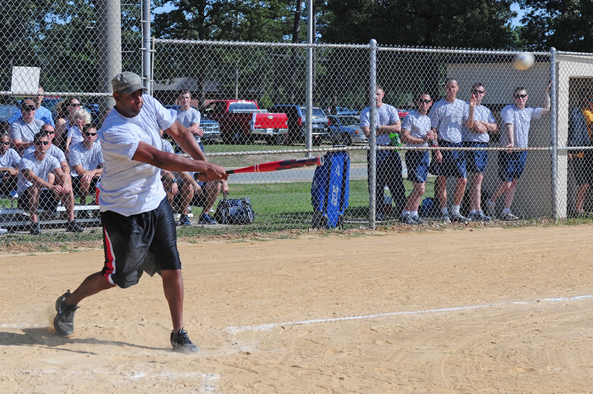 SEYMOUR JOHNSON AIR FORCE BASE, N.C. ? Staff Sgt. Andrew Thomas competes in the single-pitch softball tournament during Wing Sports Day here June 3, 2011. Players had one chance to hit the ball pitched to them. Sergeant Thomas, 4th Equipment Maintenance Squadron sheet metals technician, hails from Panama City, Fla. (U.S. Air Force photo/Senior Airman Rae Perry) (RELEASED)