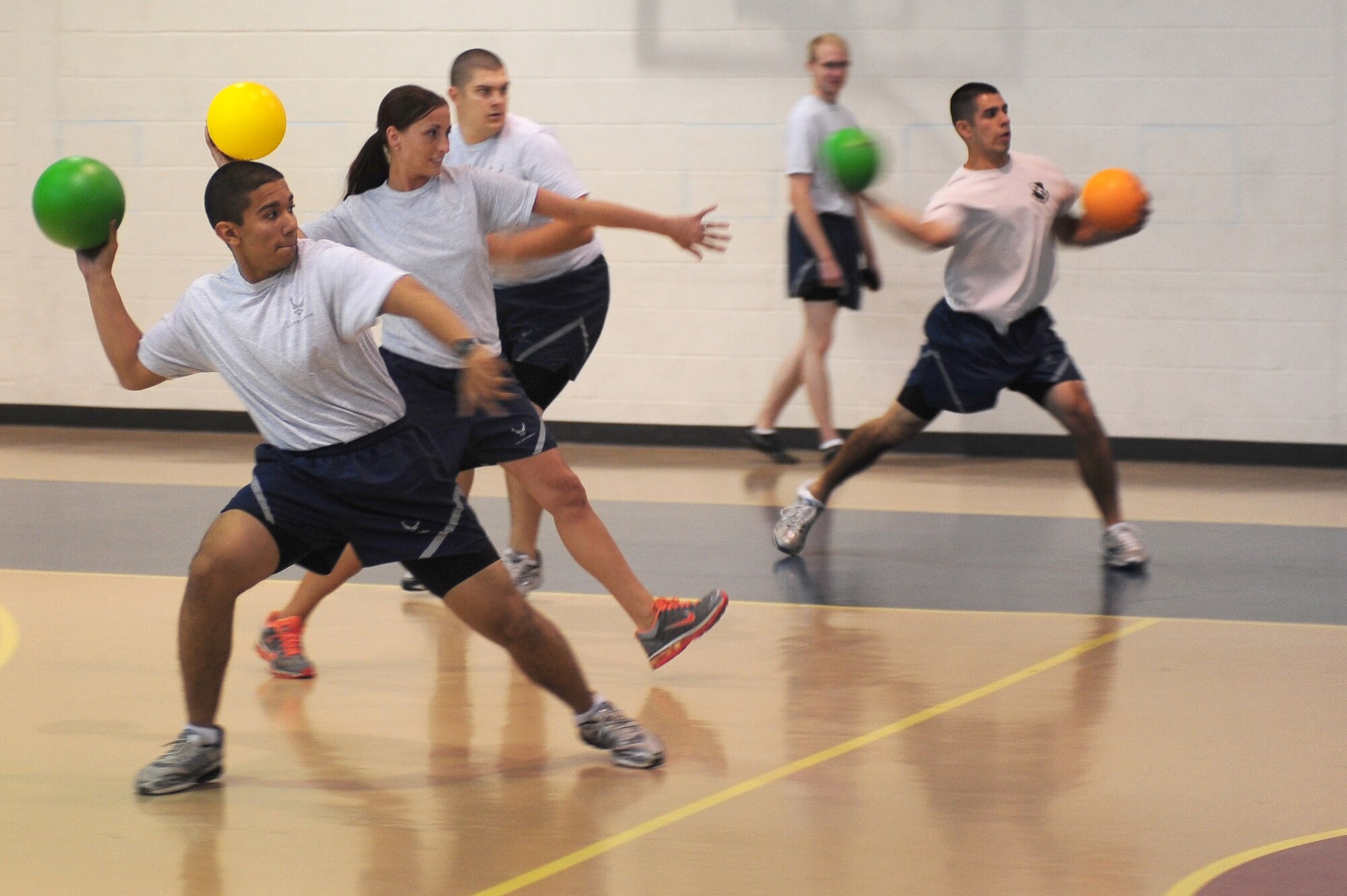 SEYMOUR JOHNSON AIR FORCE BASE, N.C. - Airmen from the 4th Medical Group compete in a single-elimination dodge ball tournament for Wing Sports Day here June 3, 2011.  Airmen competed for bragging rights in any of the 14 events put on by the fitness center. (U.S. Air Force photo/Senior Airman Rae Perry) (RELEASED)