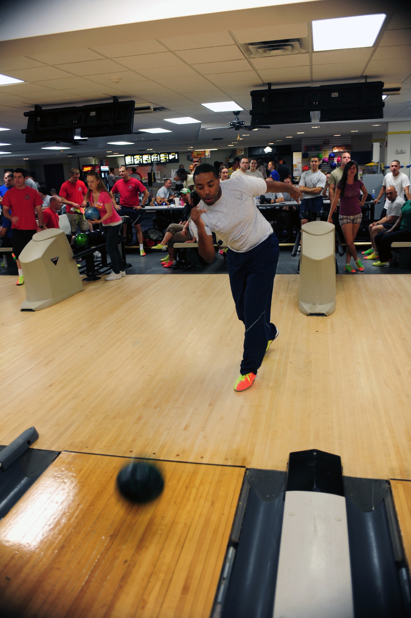 SEYMOUR JOHNSON AIR FORCE BASE, N.C. - Staff Sgt. Ross Rudolph competes in a bowling tournament during Wing Sports Day here June 3, 2011. Airmen from across the base signed up for any of the 14 events to build team work, boost morale and get a break from the daily routine of working. Sergeant Rudolph, 4th Medical Operations Squadron medic, hails from Columbia, S.C. (U.S. Air Force photo/Senior Airman Rae Perry) (RELEASED)