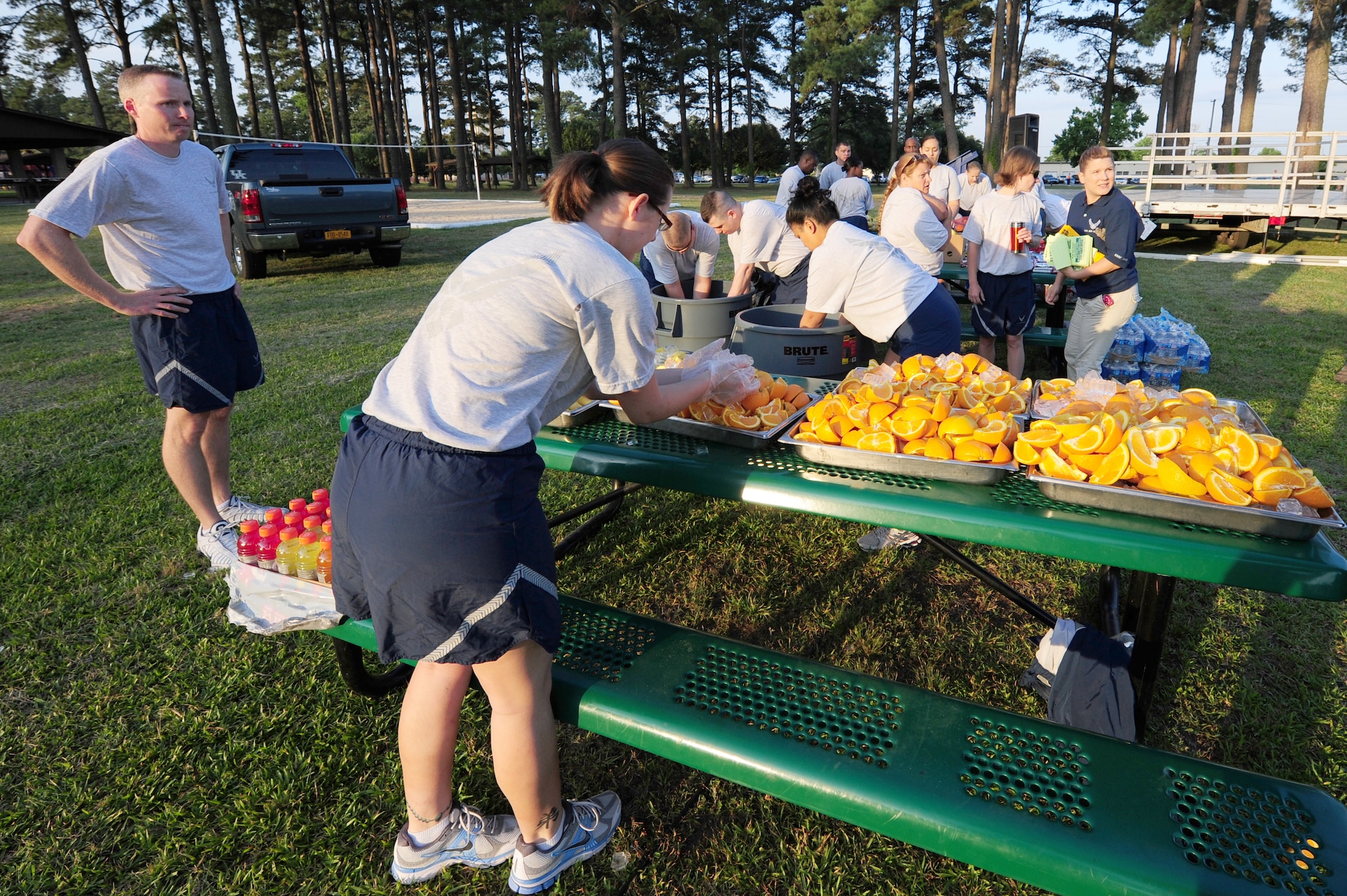 SEYMOUR JOHNSON AIR FORCE BASE, N.C. - Airmen from the 4th Fighter Wing prepare fruit for wing run participants here June 3, 2011. The run kicked off Wing Sports Day. (U.S. Air Force photo/Senior Airman Rae Perry) (RELEASED)
