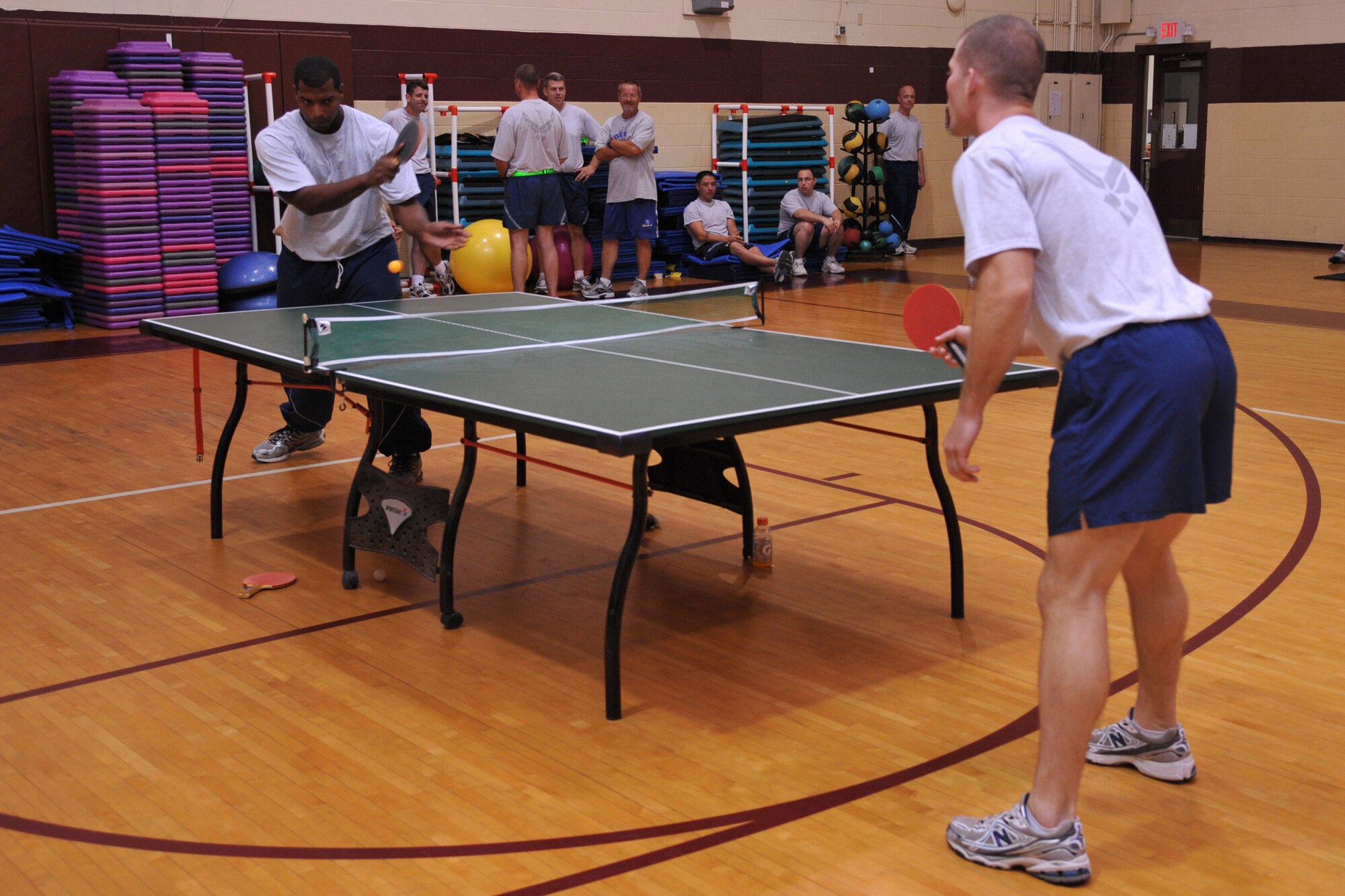 SEYMOUR JOHNSON AIR FORCE BASE, N.C.- Airman 1st Class Matthew Carothers serves a ball during the ping pong competition as part of Wing Sports Day here, June 3, 2011. Airman Carothers lost the round to Staff Sgt. Danny Plunkett. Airman Carothers is a 4th Force Support Squadron personnel customer support representative, and hails from Chicago. Sergeant Plunkett is a 4th Logistic Readiness Squadron vehicle mechanic, and a native of Ruston, La. (U.S. Air Force photo/Senior Airman Whitney Lambert)(RELEASED)