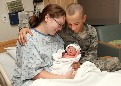 Jessica Andrews, wife of Airman Benjamin Andrews, a basic training graduate from the 322nd Training Squadron, Flight 372, gave birth to their son, Markus Benjamin, May 30 at Wilford Hall Medical Center. Mrs. Andrews was at Lackland attending her husband's BMT graduation May 27. She went into labor Sunday and was transported to the hospital, where she gave birth at 12:38 a.m. Memorial Day. Airman Andrews, a Services apprentice, remains assigned to the 322nd TRS while awaiting transfer to his technical training school at Fort Lee, Va. (U.S. Air Force photo/Robbin Cresswell)


