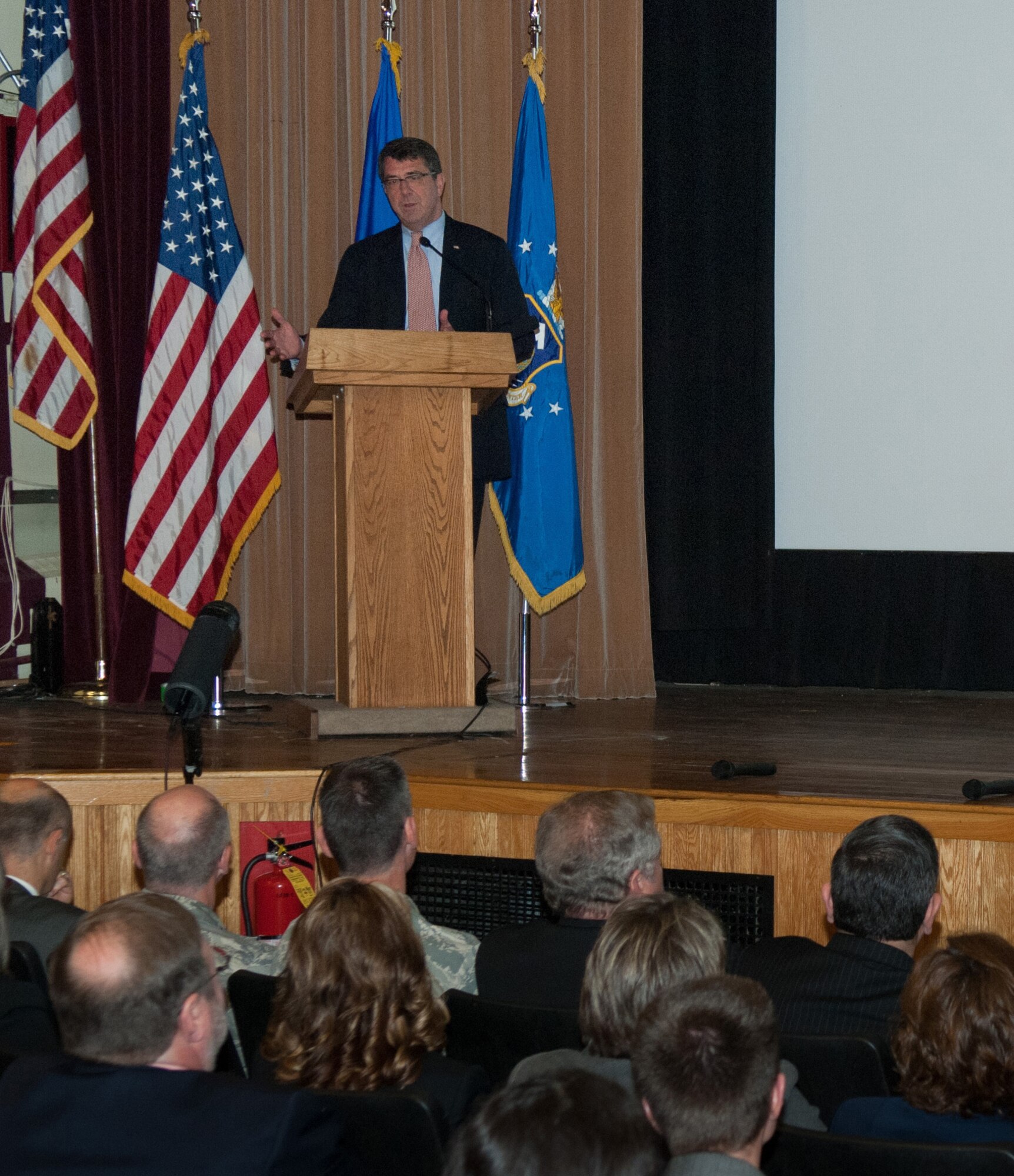 Dr. Ashton B. Carter, undersecretary of defense for Acquisition, Technology and Logistics, speaks to the Electronic Systems Center workforce May 25 at the Hanscom base theater. (U.S. Air Force photo by Rick Berry)
