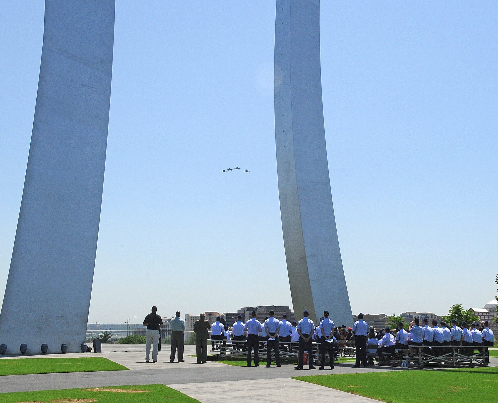 ARLINGTON, Va. -- Four F-15E Strike Eagles from Seymour Johnson Air Force Base, flyover the Air Force Memorial following the 4th Fighter Wing's acceptance of the inaugural Doolittle Award June 2, 2011. The Air Force Historical Foundation's new distinction acknowledges sustained, distinctive contributions to the history and heritage of the U.S. Air Force, and is named after aviation pioneer James H. Doolittle, who served as a lieutenant general in the United States Army Air Forces during World War II, and earned the Medal of Honor for valor and leadership as commander of the famous Doolittle Raid. (U.S. Air Force photo/Senior Airman Gino Reyes)