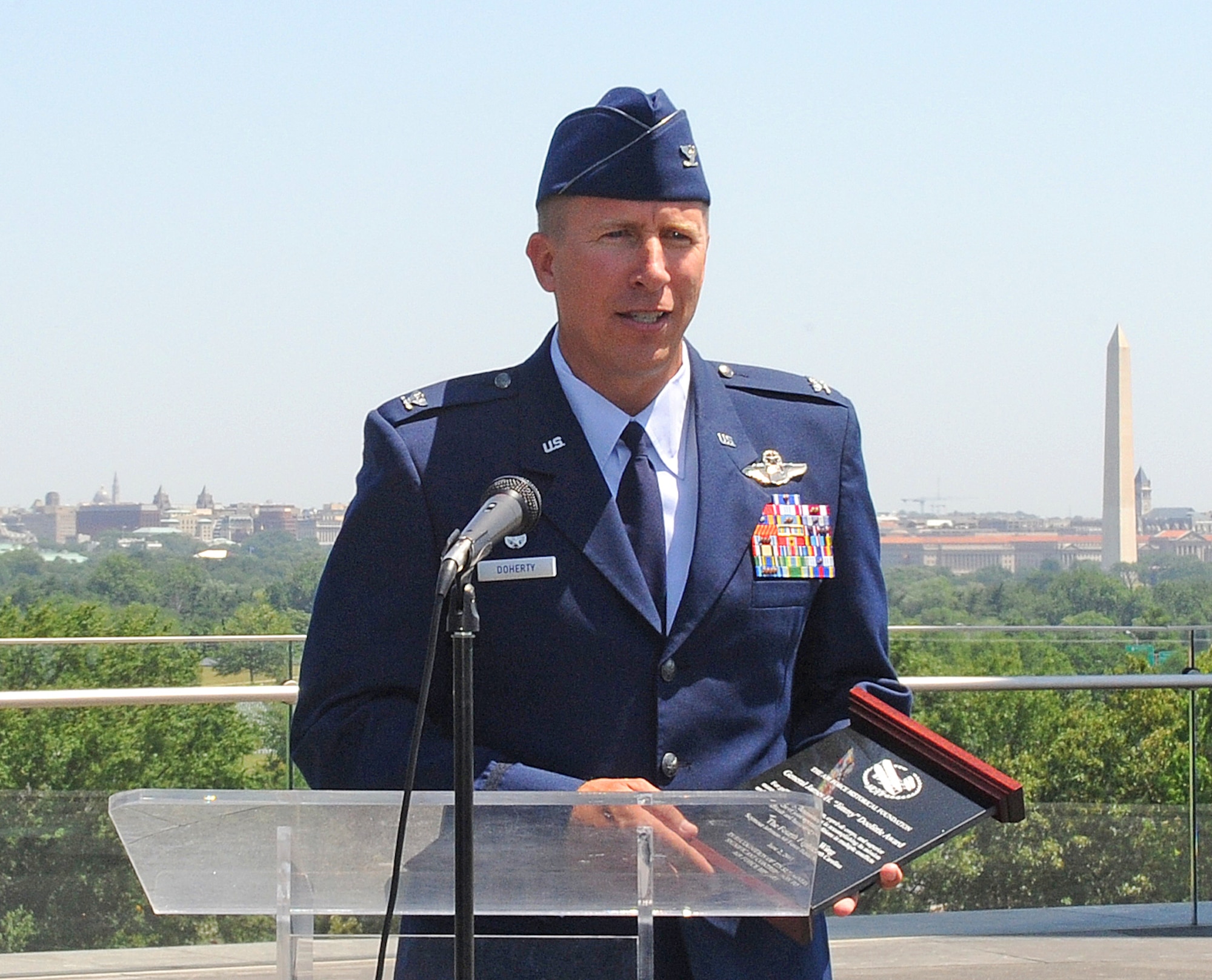 Arlington Va. -- Col. Patrick Doherty, 4th Fighter Wing commander, speaks at the Air Force Memorial after accepting the inaugural Doolittle Award on behalf of the 4th Fighter Wing June 2, 2011. The Air Force Historical Foundation presented its newest honorto continue the tradition of recognizing those who have made significant strides in the making and documentation of airpower history. (U.S. Air Force photo/Senior Airman Gino Reyes)