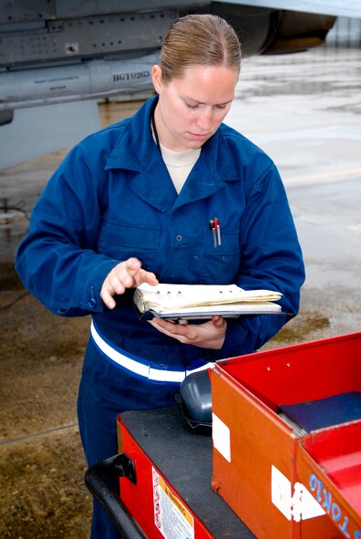 KWANGJU AIR BASE, Republic of Korea -- Senior Airman Kathleen Brophy, 8th Aircraft Maintenance Squadron crew chief assigned to the 35th Aircraft Maintenance Unit, reviews her maintenance checklist as she prepares an F-16 Fighting Falcon for flight at Max Thunder 11-1 here May 26. The exercise gave peninsula Airmen an opportunity to sharpen their ability to work together in a simulated war-time environment. (U.S. Air Force photo/Senior Airman Benjamin Stratton)