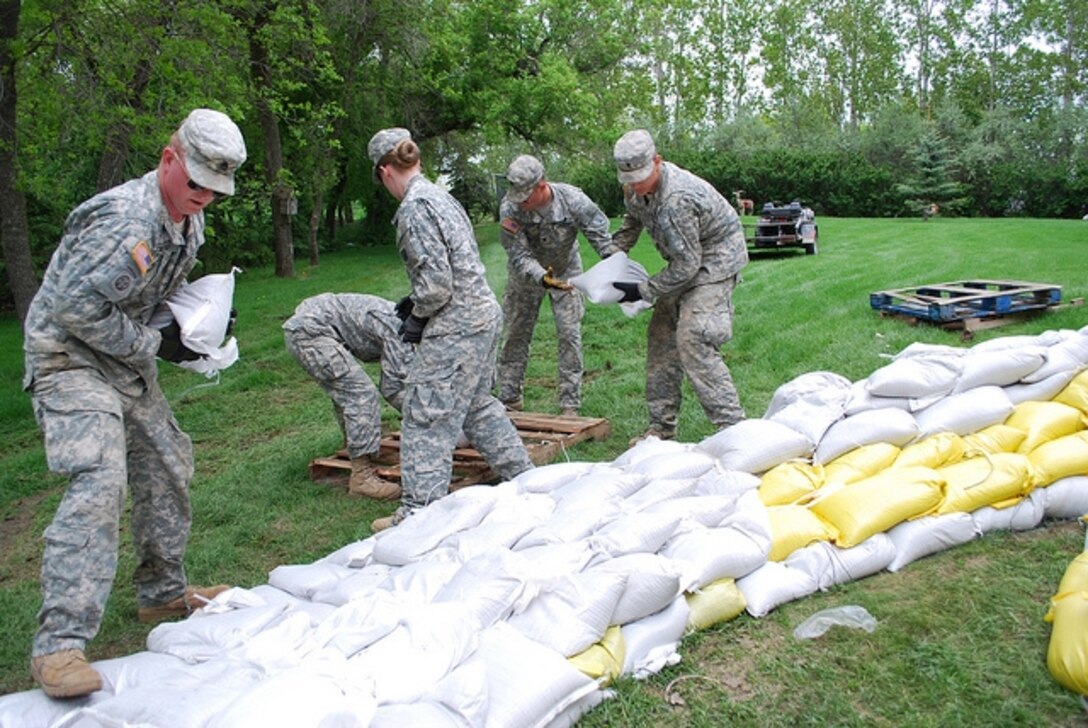 Army Staff Sgt. Jesse Walstad and soldiers from the North Dakota National Guard's 957th Engineer Company and 814th Medical Company help to build a sandbag dike for a homeowner along Nordic Lane in Bismarck, N.D., June 2, 2011. U.S. Army photo by Staff Sgt. Amy Wieser Willson