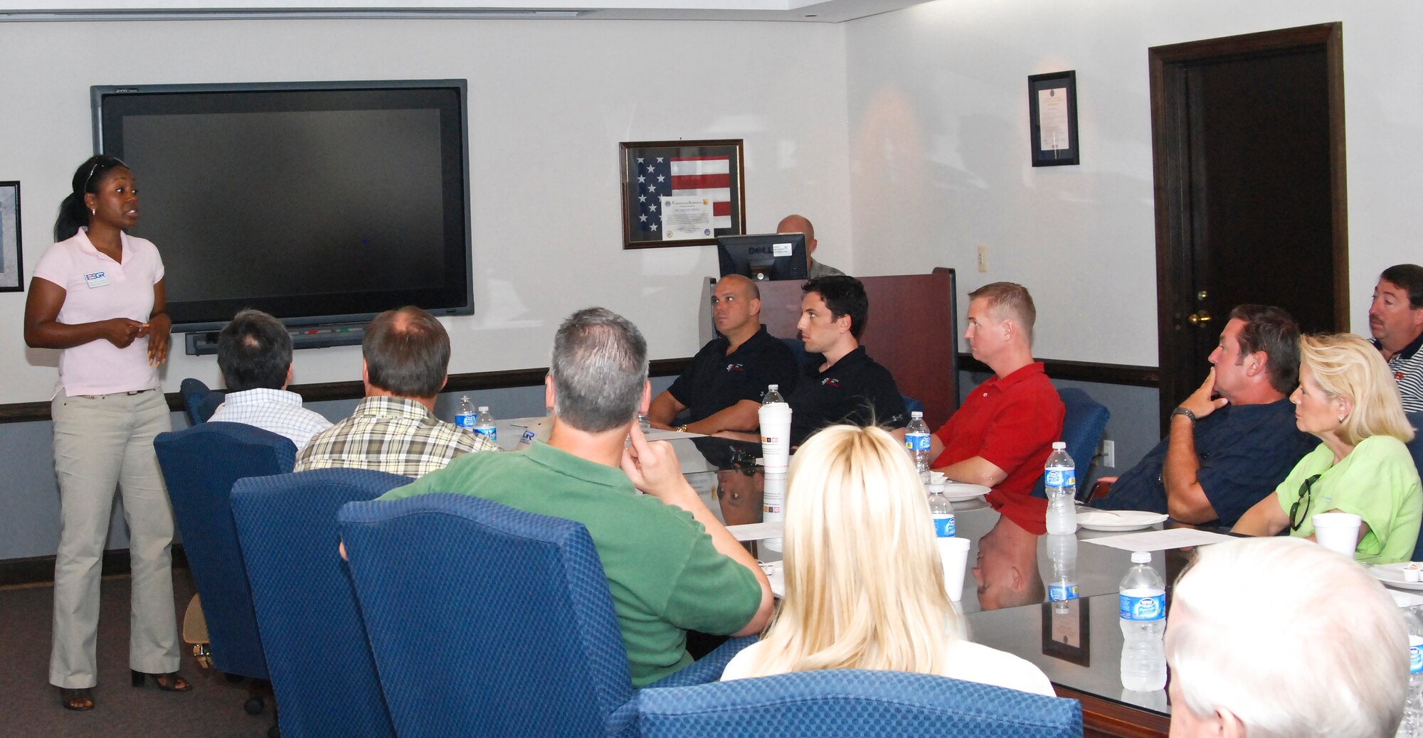 Ms. Penelope Harbour, Georgia Employer Support of the Guard and Reserve director, gives a presentation at the 94th Airlift Wing on June 4, 2011.  Each year, employers of Dobbins Air Reserve Base reservists are invited to come out on Employer Appreciation Day to get a first hand look at the 94th AW and what their employee/reservists are involved in.  (U.S. Air Force photo/Master Sgt. Stan Coleman)  