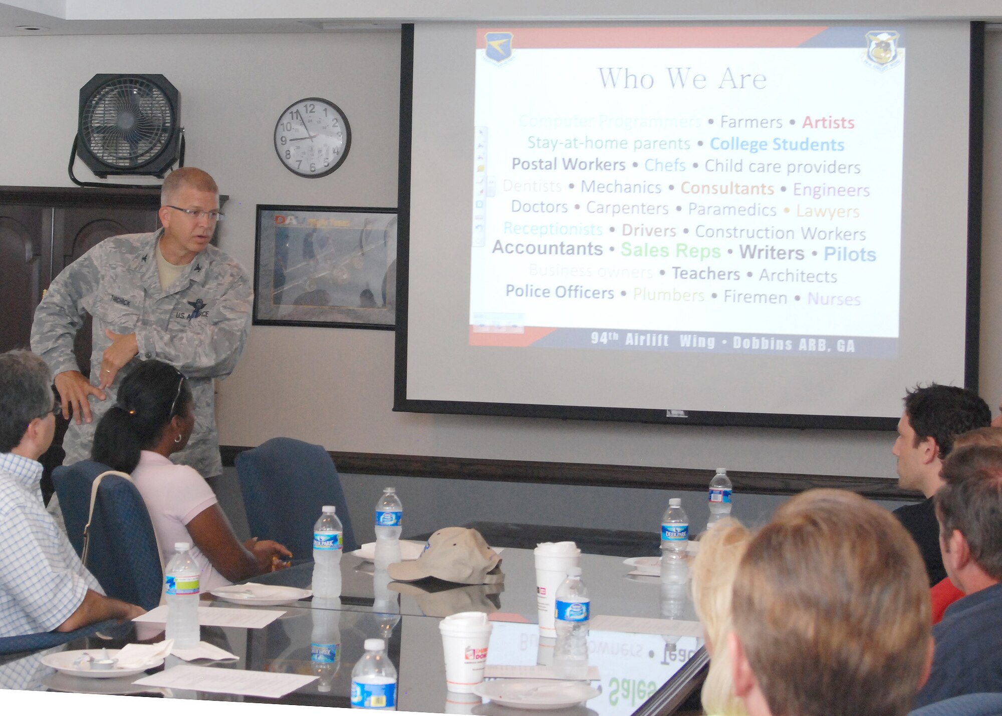 Col. Timothy Tarchick, 94th Airlift Wing commander, briefs 22 employers of reservists on the 94th Airlift Wing  mission June 4.  "We appreciate the balance and support you give our reservists to serve with the 94th," he said.  (U.S. Air Force photo/Master Sgt. Stan Coleman)