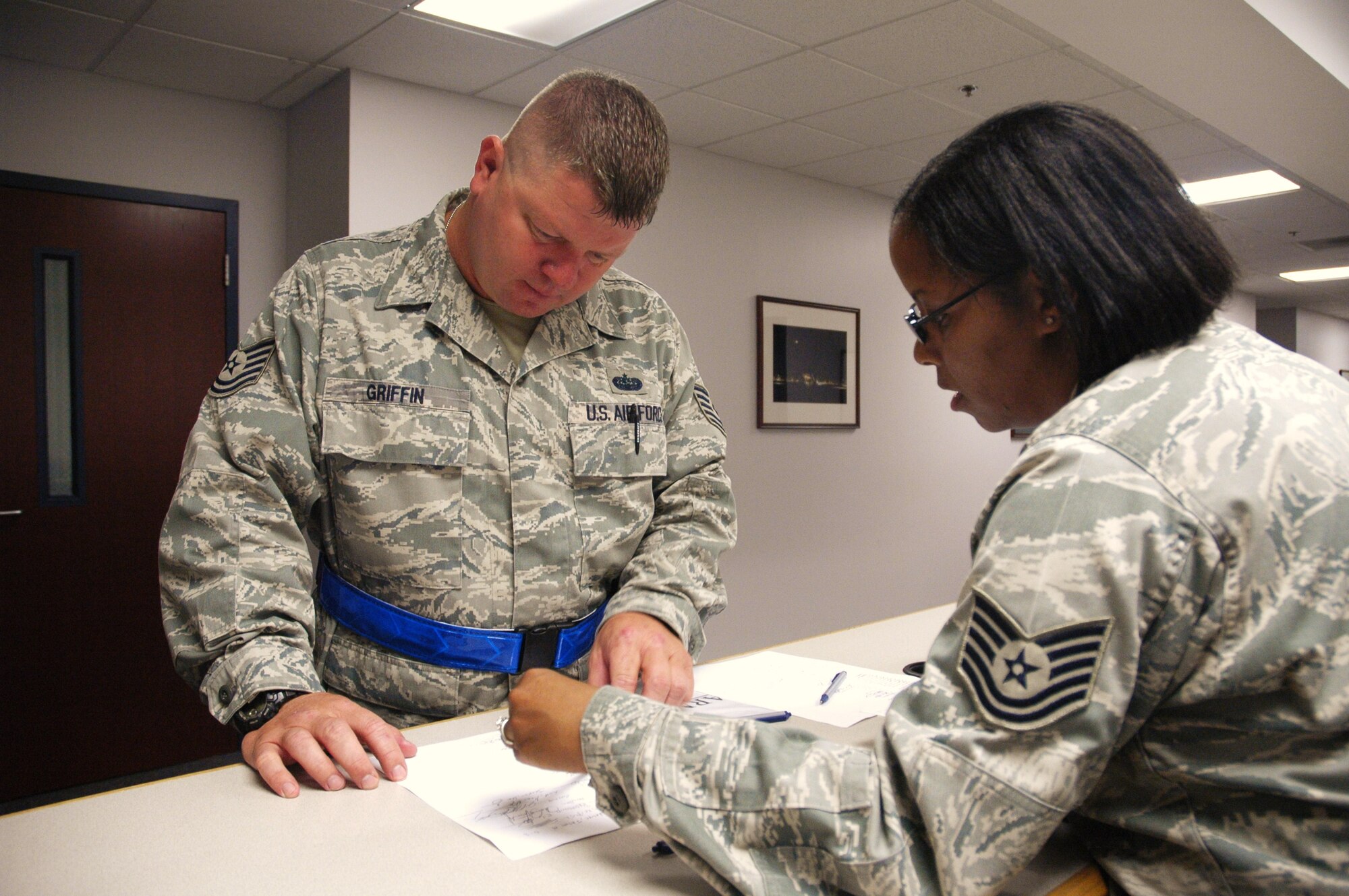 Tech. Sgt. John Griffin reviews his mobility file paperwork during an operational readiness mobility exercise at Joint Base Charleston, S.C. on June 4, 2011. Sergeant Griffin is a member of the 81st Aerial Port Squadron at Joint Base Charleston, S.C.