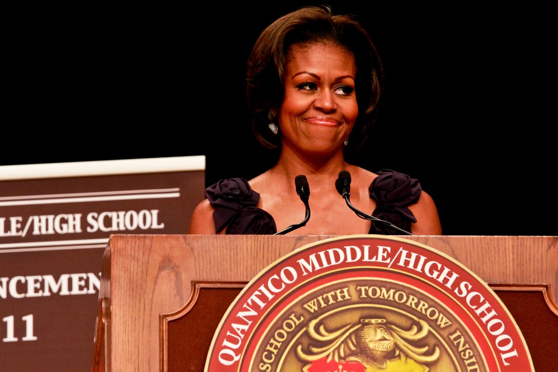 First Lady Michelle Obama gives the commencement address at Quantico Middle/High School on Marine Corps Base Quantico, Va., June 3, 2011. "I'm here because I think that all of you are incredibly special," she said, citing the resiliance they have gained from growing up in military families.