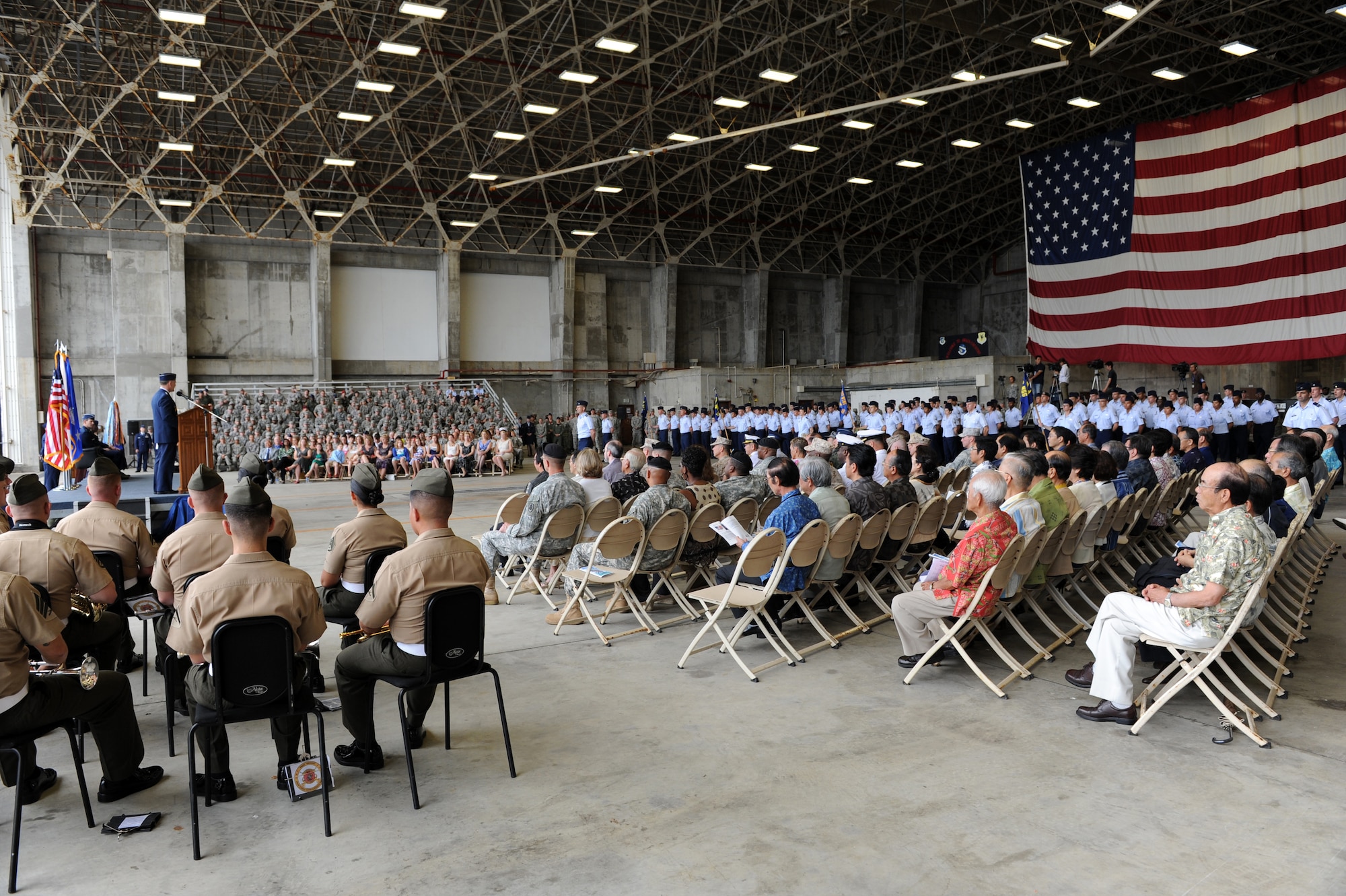 Lt. Gen. Burton Field, United States Forces, Japan and 5th Air Force commander, gives a speech during the 18th Wing change of command ceremony at Kadena Air Base, Japan, June 3. During the ceremony, Brig. Gen. Ken Wilsbach relinquished command of the wing to Brig. Gen. Matt Molloy. (U.S. Air Force photo/Junko Kinjo)