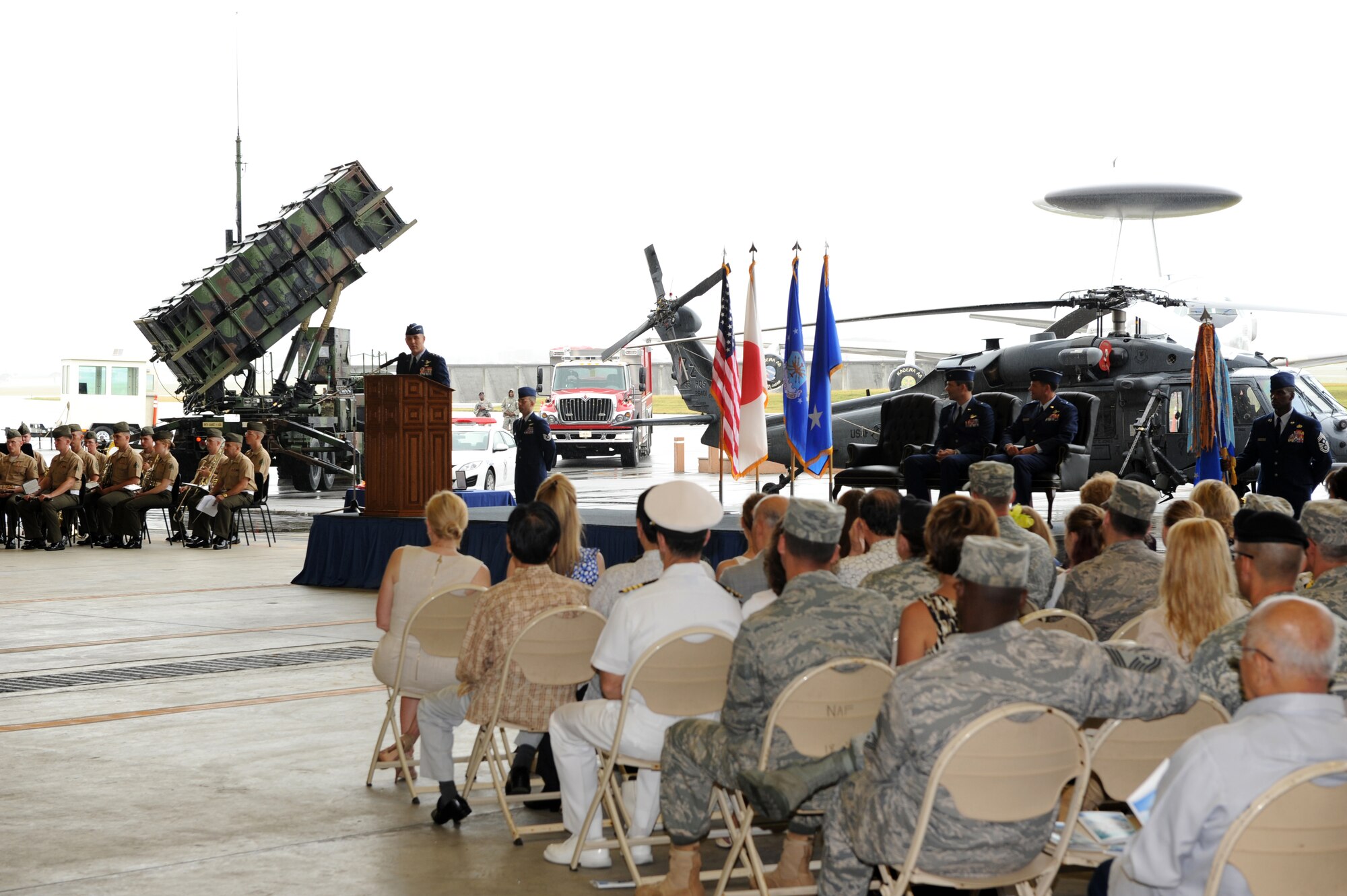 Lt. Gen. Burton Field, United States Forces, Japan and 5th Air Force commander, gives a speech during the 18th Wing change of command ceremony at Kadena Air Base, Japan, June 3. During the ceremony, Brig. Gen. Ken Wilsbach relinquished command of the wing to Brig. Gen. Matt Molloy. (U.S. Air Force photo/Junko Kinjo)