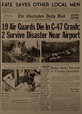 The April 8, 1951 cover from the Charleston Daily Mail reports on the crash of a C-47B Skytrain cargo plane that was carrying 21 airmen from the West Virginia Air National Guard 167th Fighter Squadron. The accident, which occurred a little more than 60 years ago, remains the worst in the history of the West Virginia Air National Guard. (U.S. Air Force photo reproduction by Tech. Sgt. Eugene R. Crist)