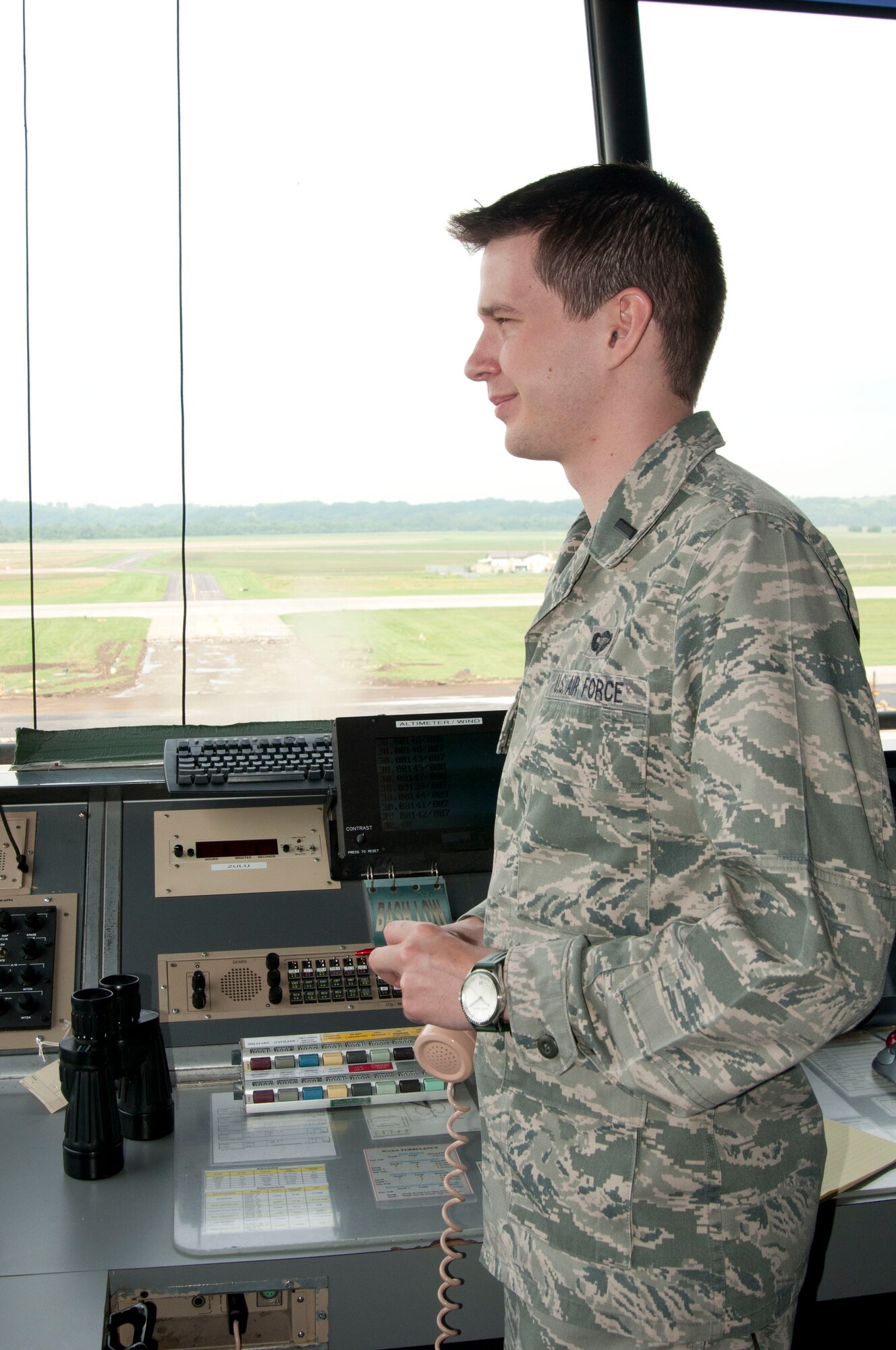 1st Lt. Michael D. Morris, 241st Air Traffic Control Squadron, is the last of seven active duty officer trainees to be certified through the Airfield Operations Officer Training Course June 2, 2011.  This program is located at Rosecrans Air National Guard Base, St. Joseph, Mo. (Photo by U.S. Air Force Airman 1st Class Kelsey Stuart/NOT RELEASED)