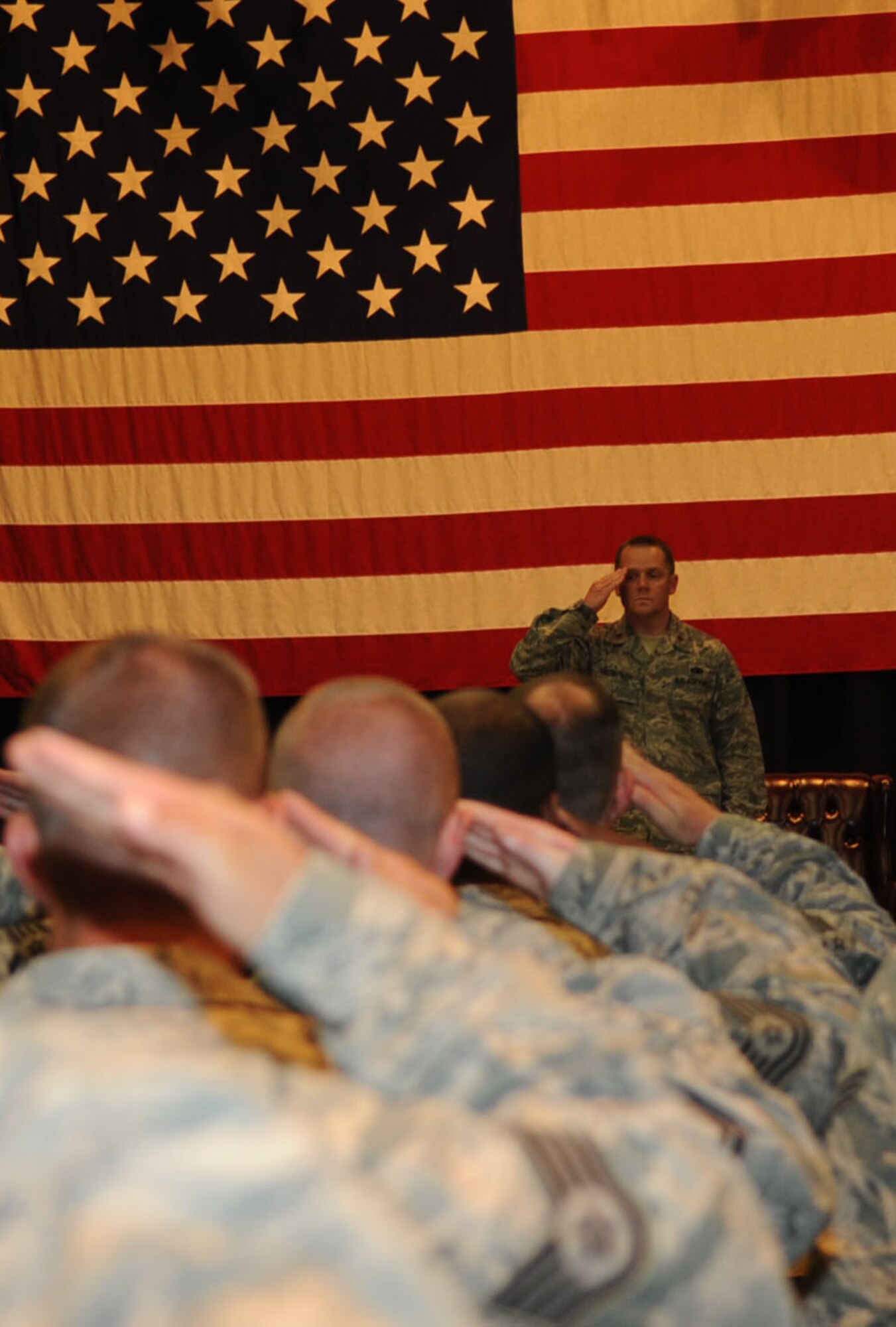 Maj. Robert Thompson receives and returns his first salute from Airmen of the 931st Aircraft Maintenance Squadron following his assumption of command ceremony, June 3. Major Thompson assumed command of the 931st Aircraft Maintenance Squadron from Lt. Col. Jeffrey Pickard, Deputy Commander of Maintenance. (Air Force Photo by TSgt. Brannen Parrish)