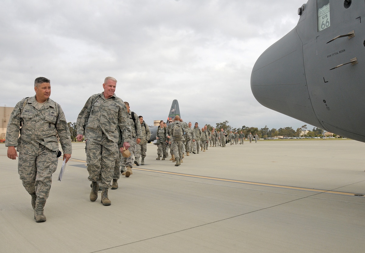 Three squadrons from the 146th Airlift Wing, Channel Islands Air National Guard Station, California, depart for Joint Base Elmendorf-Richardson, Anchorage, Alaska on Saturday, June 4, 2011. The Air Terminal Operations Squadron, Logistics Readiness Squadron, and the Security Forces Squadron move down range to complete there respective annual training requirements. (Photo by Tech. Sgt. Alex Koenig)