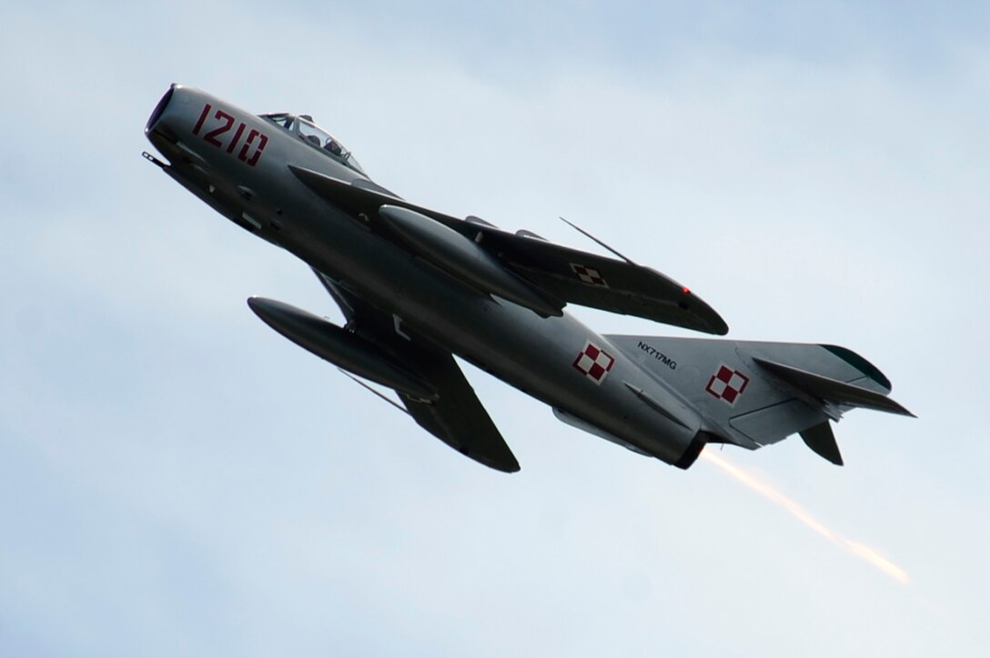 A MiG-17F performs an aerial demonstration over the 2011 Dakota Thunder airshow at Ellsworth Air Force Base, S.D., June 4, 2011.  The MiG-17F has a maximum speed of 711 mph. (U.S. Air Force photo/Staff Sgt. Marc I. Lane)