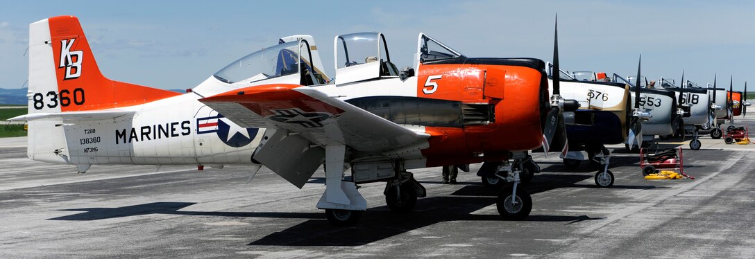The Trojan Horseman T-28 Aerobatic Team lined up during the 2011 Dakota Thunder airshow at Ellsworth Air Force Base, S.D., June 4, 2011. The event drew in nearly 40,000 attendees. (U.S. Air Force photo/Staff Sgt. Marc I. Lane)