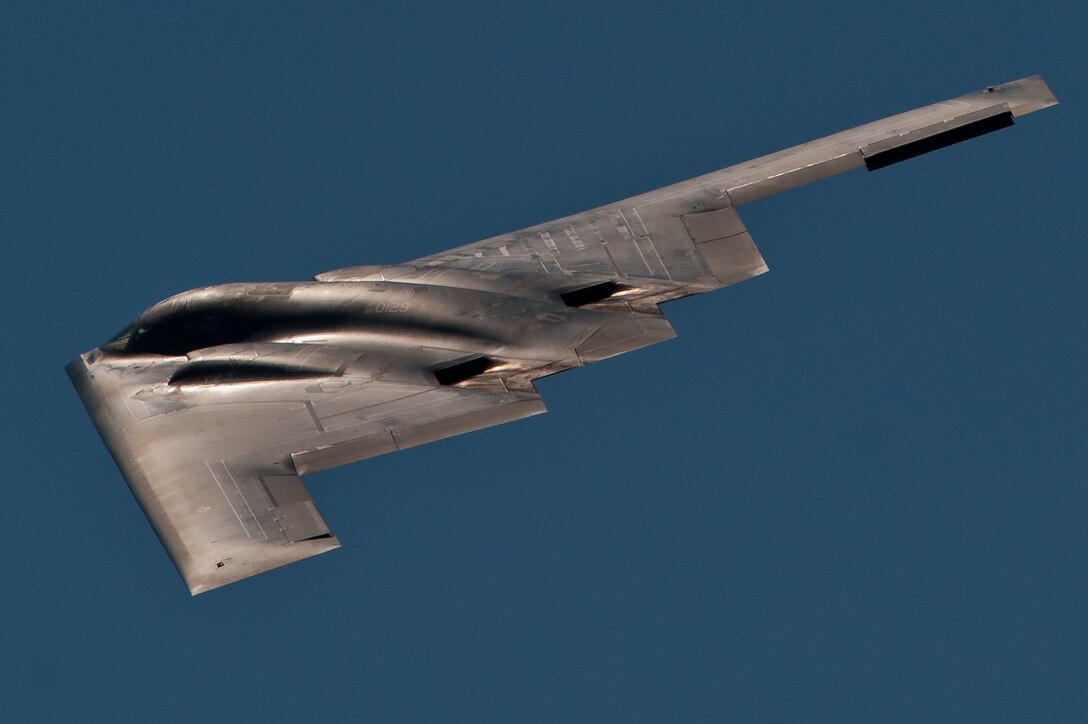 A B-2 Spirit flies past the crowd during the 2011 Dakota Thunder airshow at Ellsworth Air Force Base, S.D., June 4, 2011.  Nearly 40,000 people of all ages and walks of life converged here to watch the vast array of aerial demonstrations and view numerous static aircraft. (U.S. Air Force photo/Tech. Sgt. Nathan Gallahan)