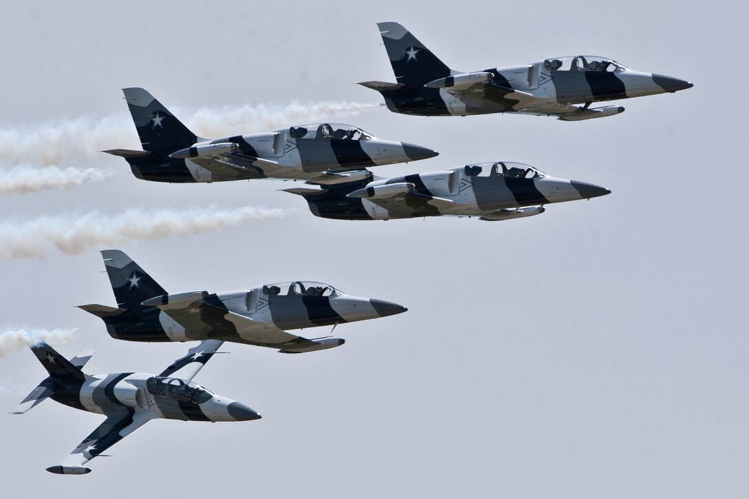 The Heavy Metal Jet Demonstration Team performs during the 2011 Dakota Thunder airshow at Ellsworth Air Force Base, S.D., June 4, 2011. Nearly 40,000 people of all ages and walks of life converged here to watch the vast array of aerial demonstrations and view numerous static aircraft. (U.S. Air Force photo/Tech. Sgt. Nathan Gallahan)
