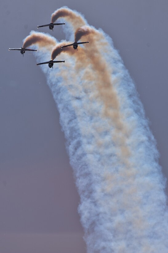 The Heavy Metal Jet Demonstration Team performs during the 2011 Dakota Thunder airshow at Ellsworth Air Force Base, S.D., June 4, 2011. Nearly 40,000 people of all ages and walks of life converged here to watch the vast array of aerial demonstrations and view numerous static aircraft. (U.S. Air Force photo/Tech. Sgt. Nathan Gallahan)