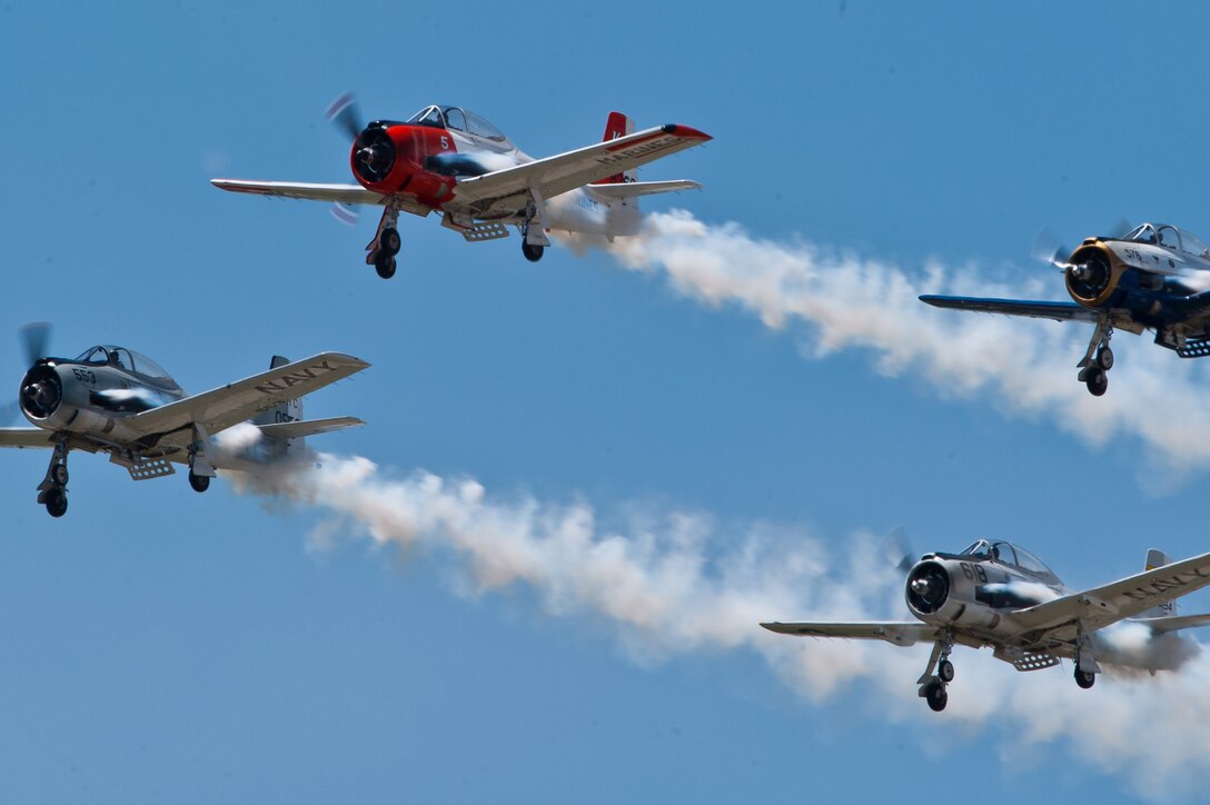 The Trojan Horsemen perform during the 2011 Dakota Thunder airshow at Ellsworth Air Force Base, S.D., June 4, 2011. Nearly 40,000 people of all ages and walks of life converged here to watch the vast array of aerial demonstrations and view numerous static aircraft. (U.S. Air Force photo/Tech. Sgt. Nathan Gallahan)