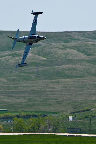 The Acemaker T-33 Solo Jet Team performs in a T-33 during the 2011 Dakota Thunder airshow at Ellsworth Air Force Base, S.D., June 4, 2011. Nearly 40,000 people of all ages and walks of life converged here to watch the vast array of aerial demonstrations and view numerous static aircraft. (U.S. Air Force photo/Tech. Sgt. Nathan Gallahan)