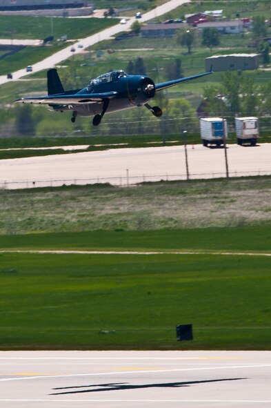 A TBM Avenger performs during the 2011 Dakota Thunder airshow at Ellsworth Air Force Base, S.D., June 4, 2011. Nearly 40,000 people of all ages and walks of life converged here to watch the vast array of aerial demonstrations and view numerous static aircraft. (U.S. Air Force photo/Tech. Sgt. Nathan Gallahan)