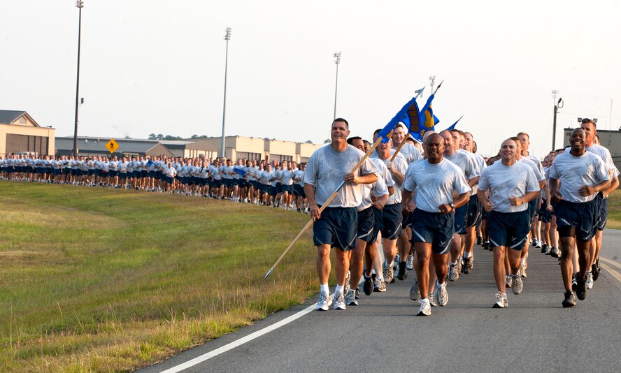 Leadership from the 23rd Maintenance Group lead the way during a 1.5-mile fun run at Moody Air Force Base, Ga., June 3. The run started at the President George W. Bush Air Park at Moody Field and ended at Mission Lake. The run also served as a way for Airmen to keep up with physical fitness. (U.S. Air Force photo/Senior Airman Benjamin Wiseman)(RELEASED)
