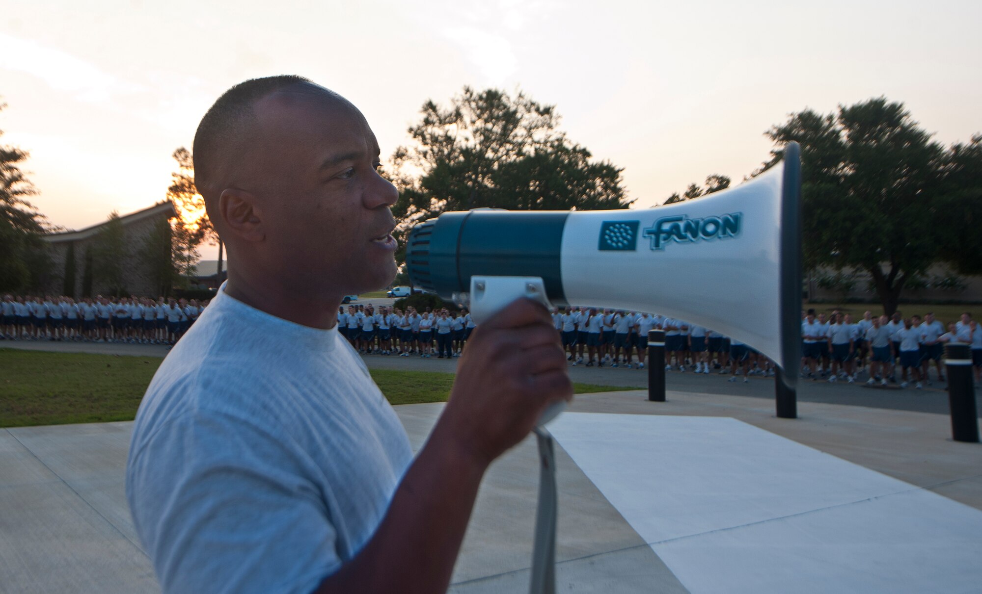 Col. Neal Robinson, 23rd Maintenance Group commander, addresses Airmen before a 1.5-mile morale run at Moody Air Force Base, Ga., June 3. Airmen from the 23rd MXG used the Group run as a way to kick off their sports day and build camaraderie among their squadrons. (U.S. Air Force photo/Airman 1st Class Joshua Green)(RELEASED)
