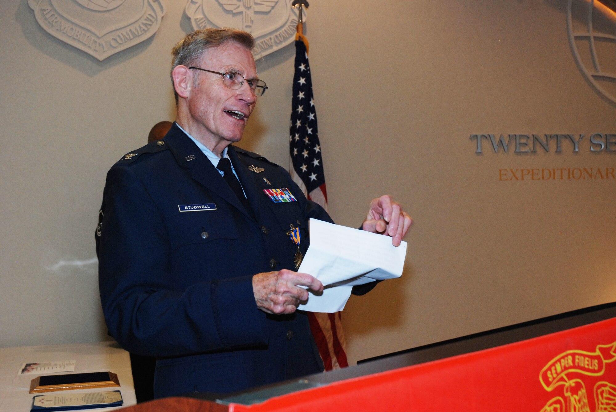 Col. Studwell was awarded the Meritorious Achievement While Participating in Aerial Flight Award (Air Medal) during a ceremony that took place in the 22nd Air Force media center June 5.  Colonel Studwell was the flight surgeon on board an urgent aeromedical airlift mission to and from Beirut, Lebanon on Oct. 23 1983. (U.S. Air Force photo/ Senior Airman Danielle Campbell)
