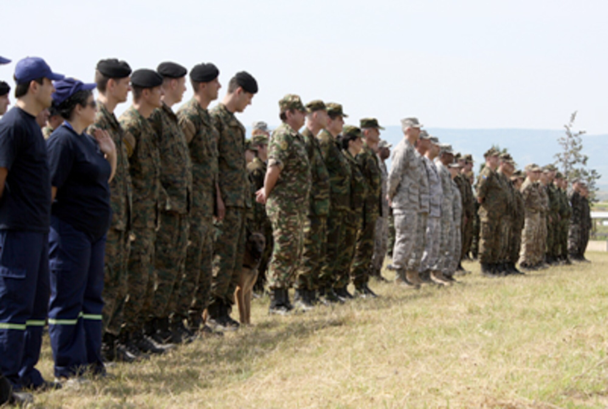 Service members from Macedonia, Montenegro, Bosnia and Herzegovina, Serbia, Slovenia, Norway and the U.S. stand at parade rest May 6, 2011, during opening comments at the Medical Training Exercise in Central and Eastern Europe 2011 opening ceremony in Macedonia. (U.S. Air Force photo/Master Sgt. Kelley J. Stewart)