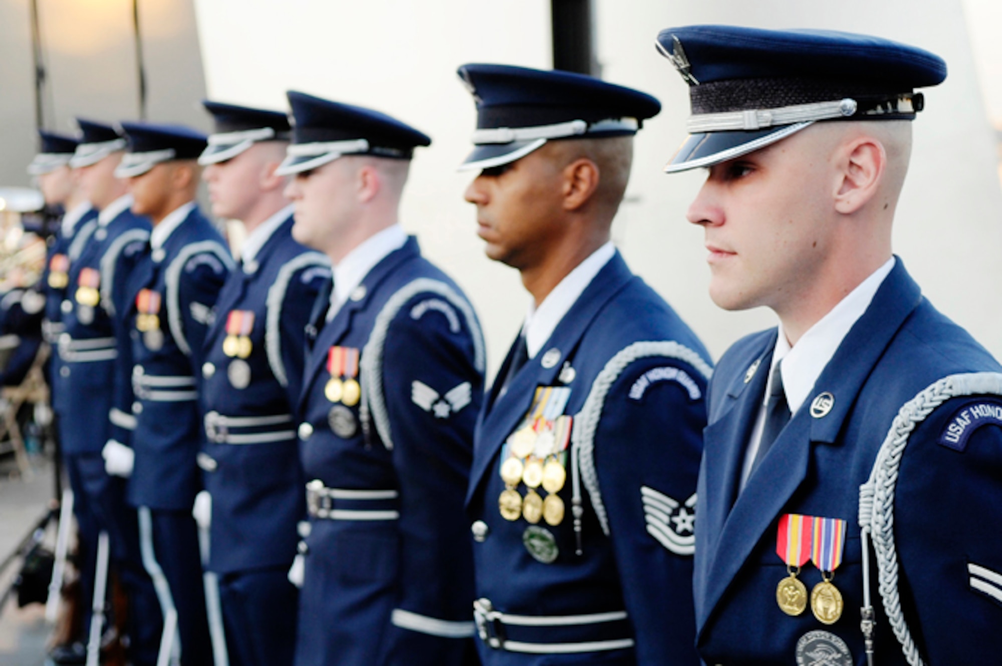 Ceremonial Guardsmen from the U.S. Air Force Honor Guard represent deployed Airmen around the globe during the June 4, opening of the U.S. Air Force Band’s Summer Concert Series at the Air Force Memorial, Arlington, Va. The summer concert series is an annual event demonstrating the talent and capabilities of the USAF Band. The summer concert series is held at various locations throughout the National Capital Region and is free to the public. (U.S. Air Force photo by Staff Sgt. Raymond Mills)