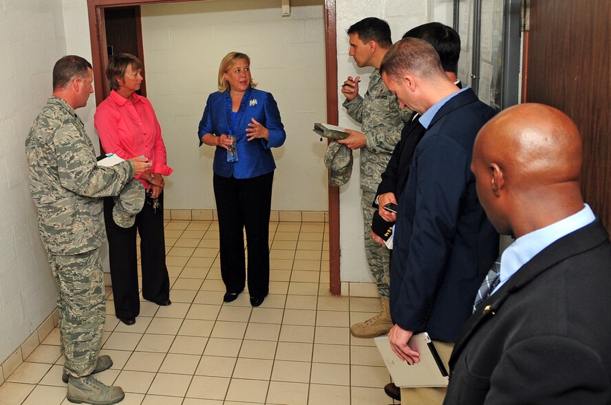 Louisiana Sen. Mary Landrieu tours enlisted dormitories with members of her staff and base leadership at Barksdale Air Force Base, La., June 2. During her multi-stop tour of Louisiana military installations, the senator focused on quality-of-life issues such as enlisted dormitories, base housing, education and energy efficiency of base facilities. (U.S. Air Force photo/Senior Airman Joanna M. Kresge)
