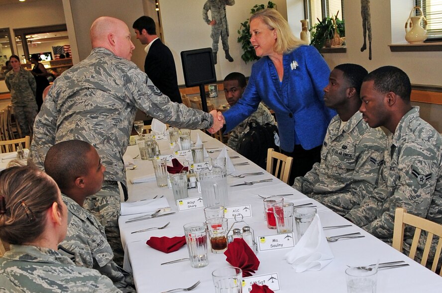 Louisiana Sen. Mary Landrieu greets Master Sgt. Jason Sharp, 2nd Munitions Squadron, and other Airmen who gathered for a question and answer luncheon at the Red River Dining Facility located on Barksdale Air Force Base, La., June 2. Senator Landrieu fielded questions from Airmen regarding natural disaster preparedness, base facilities and her goals for the state through the rest of 2011. (U.S. Air Force photo/Senior Airman Joanna M. Kresge)