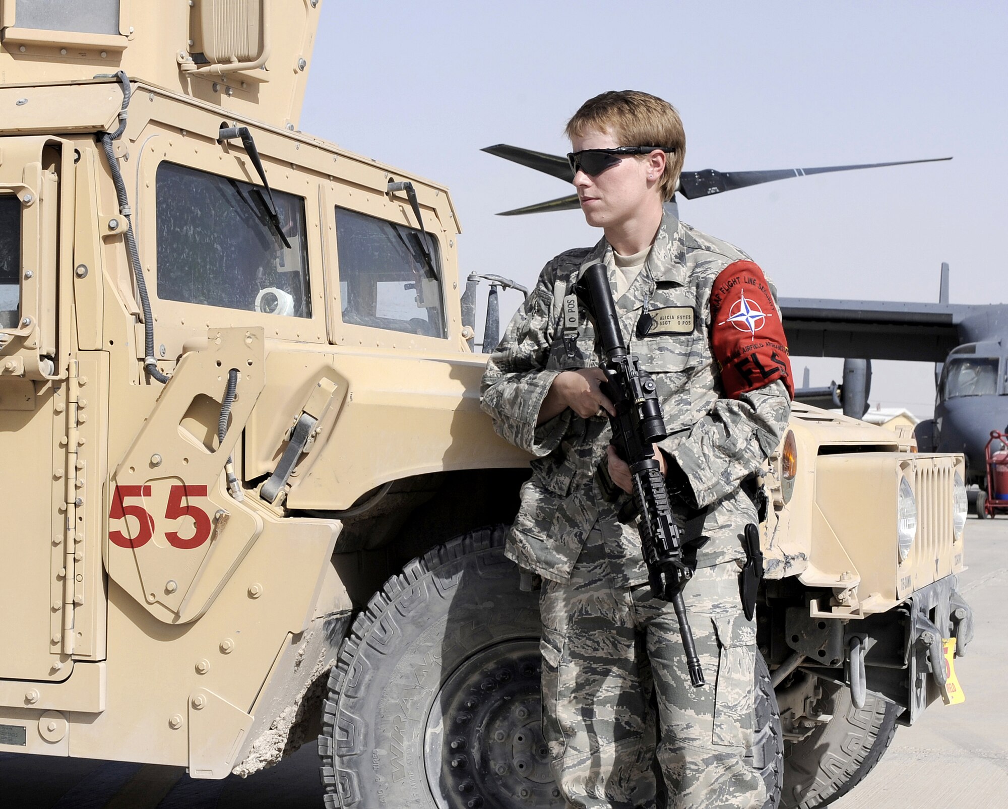 Staff Sgt. Alicia Estes posts security June 3, 2011, at Kandahar Airfield, Afghanistan. Sergeant Estes is a security forces Airman assigned to 466th Air Expeditionary Wing Flightline Security Office. (U.S. Air Force photo/Senior Airman Willard E. Grande II)