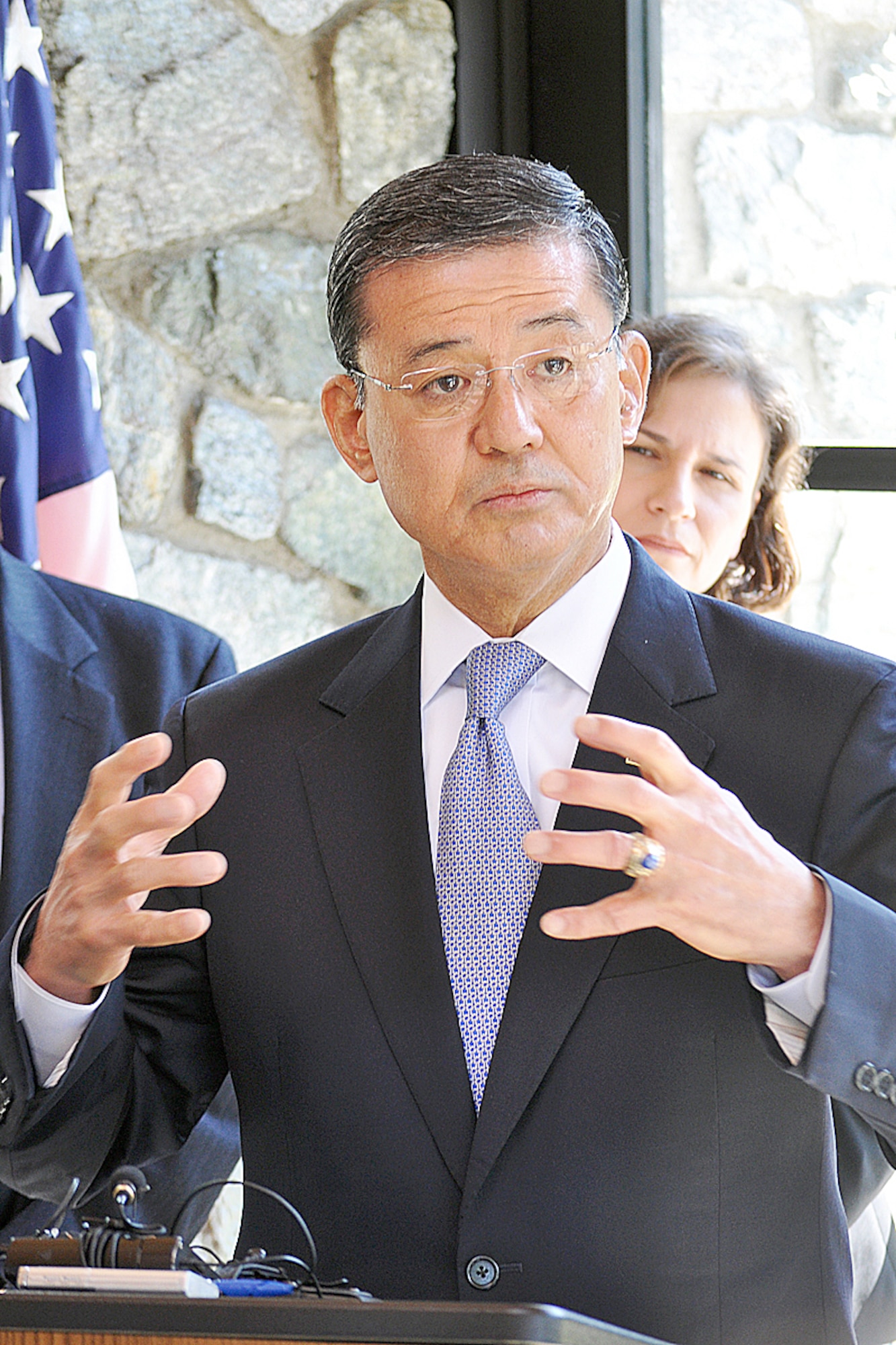 Secretary of Veterans Affairs Eric Shinseki speaks to local media at the Fort Richardson National Cemetery Monday before the Memorial Day ceremony. Shinseki was also the keynote speaker for the ceremony. (Air Force photo by John Pennell/JBER PA)