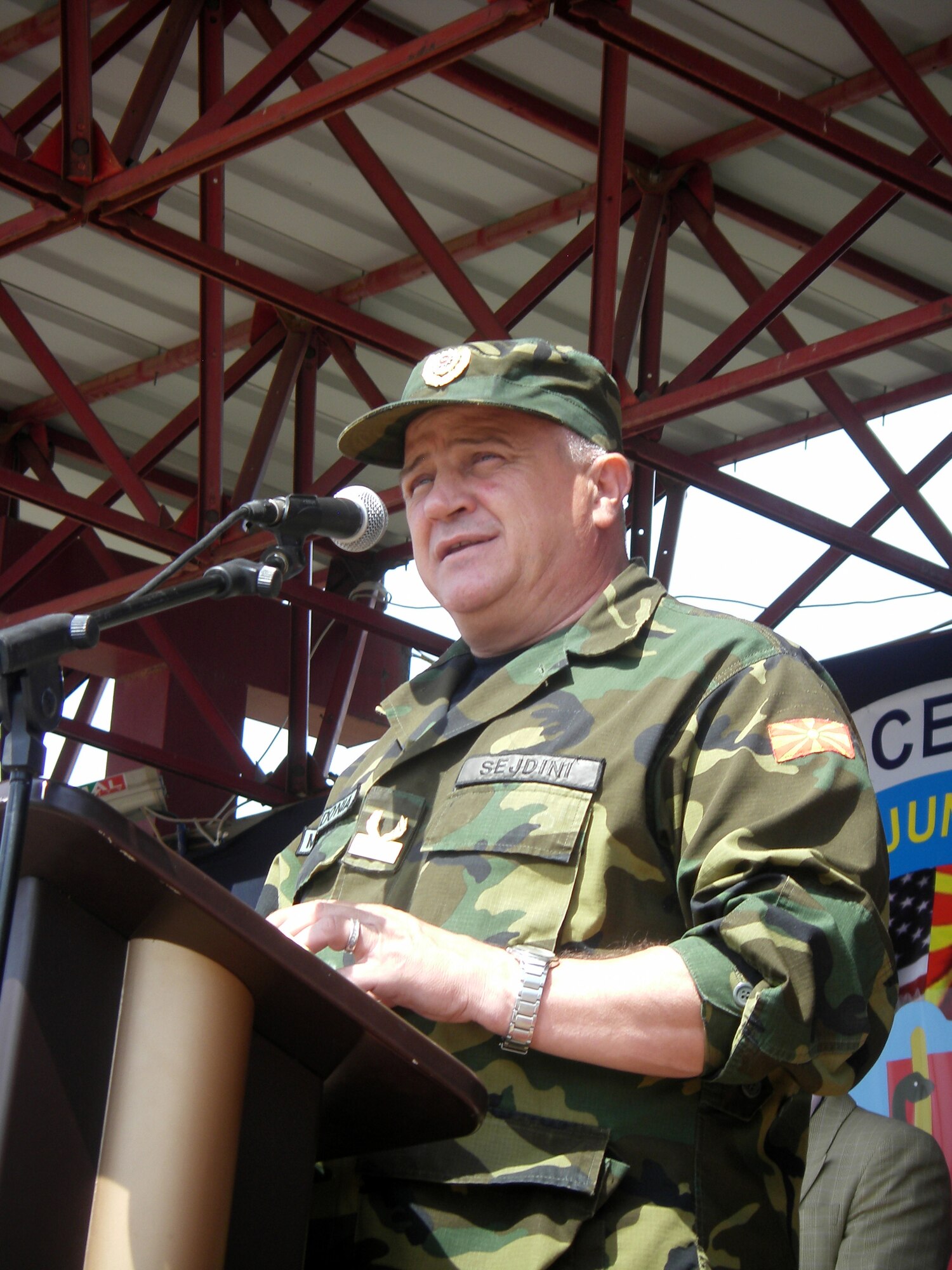 CAMP PEPELISHTE, Macedonia – Gen. Maj. Naser Sejdini, Republic of Macedonia army deputy chief of staff, gives his opening remarks during the Medical Training Exercise in Central and Eastern Europe 2011 opening ceremony June 6. MEDCEUR is a Partnership for Peace and Chairman of the Joint Chiefs of Staff-sponsored regional and multilateral exercise in Central and Eastern Europe designed to provide medical training and operational experience in a deployed environment.  (U.S. Air Force photo/Master Sgt. Kelley J. Stewart)